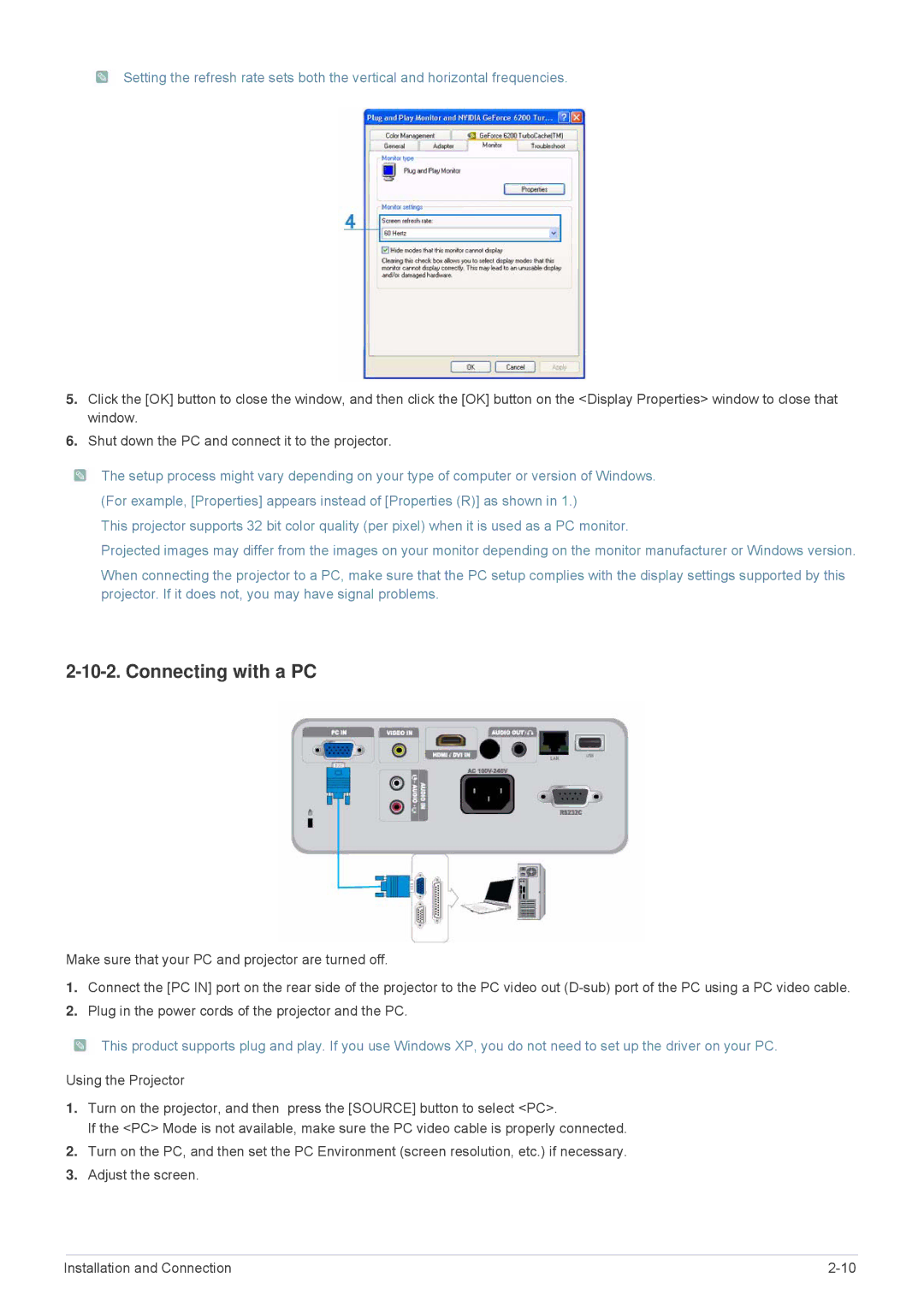 Samsung SP2253WWX/EN, SP2553WWX/EN, SP2553XWX/EN, SP2053WWX/EN manual Connecting with a PC 