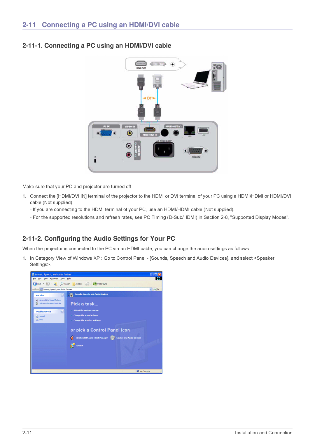 Samsung SP2053WWX/EN, SP2553WWX/EN Connecting a PC using an HDMI/DVI cable, Configuring the Audio Settings for Your PC 