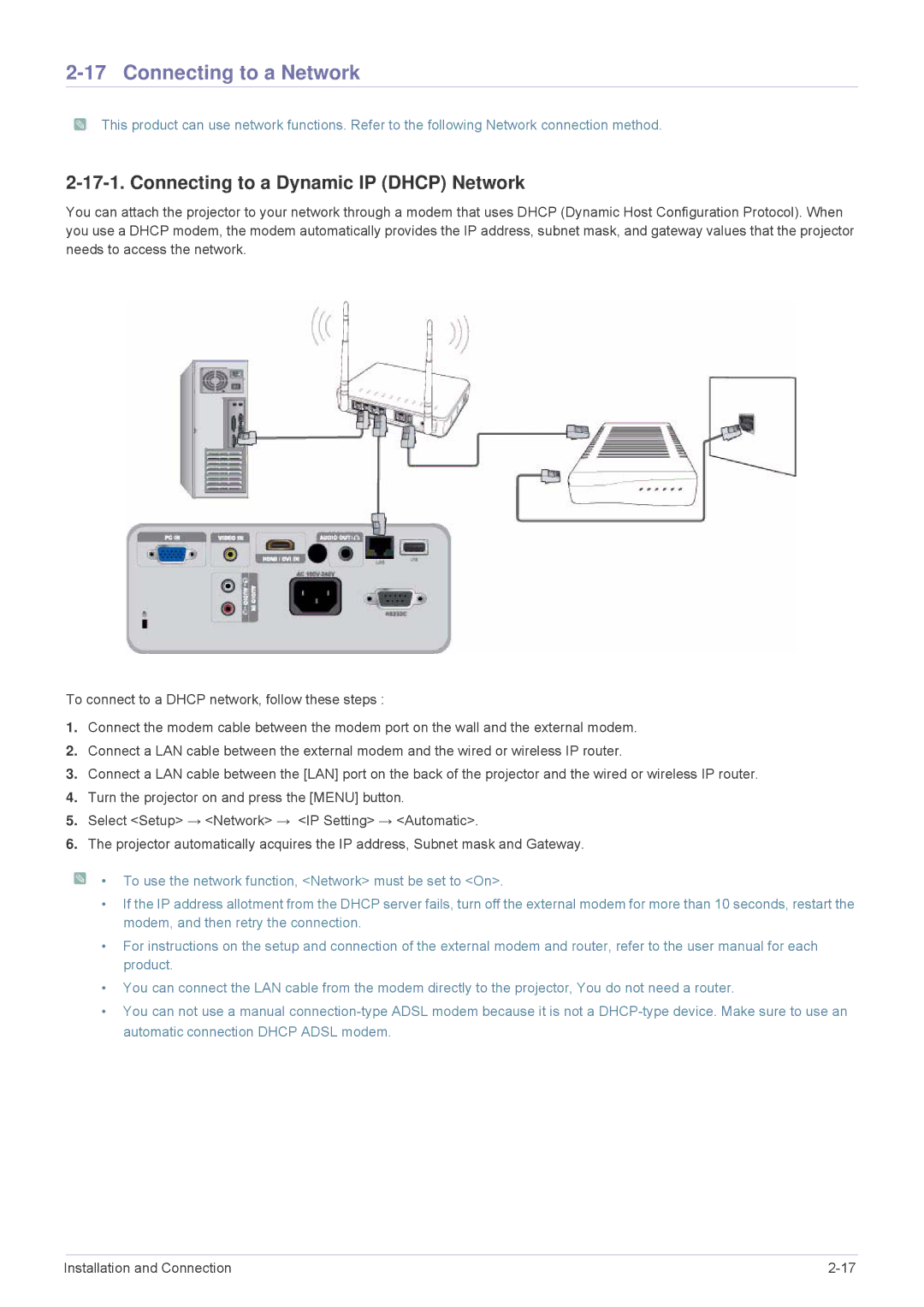 Samsung SP2253WWX/EN, SP2553WWX/EN, SP2553XWX/EN manual Connecting to a Network, Connecting to a Dynamic IP Dhcp Network 