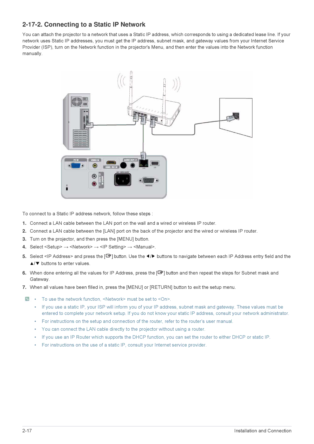 Samsung SP2053WWX/EN manual Connecting to a Static IP Network, To use the network function, Network must be set to On 