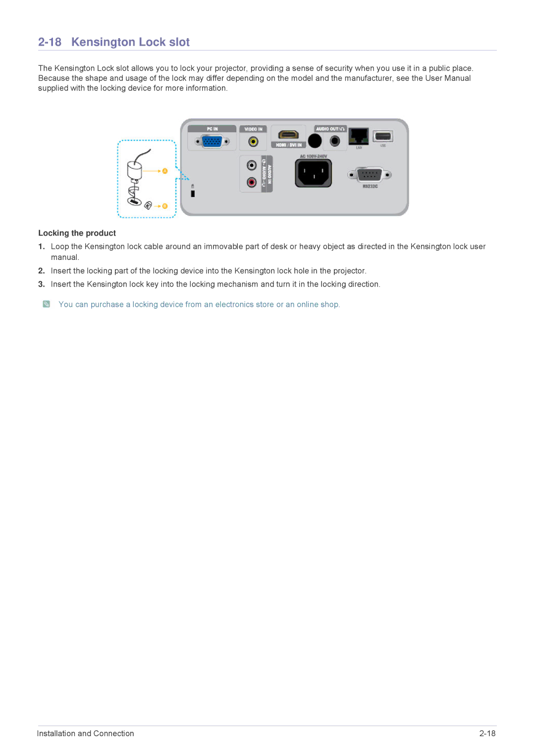 Samsung SP2553WWX/EN, SP2553XWX/EN, SP2253WWX/EN, SP2053WWX/EN manual Kensington Lock slot, Locking the product 