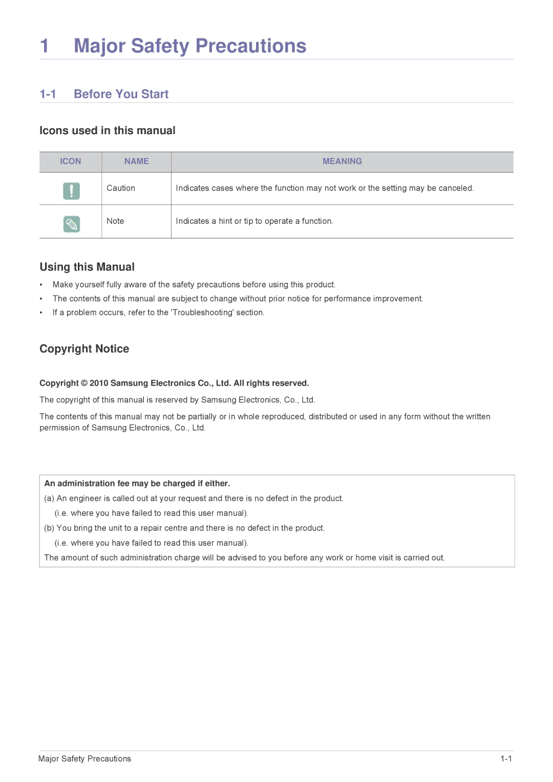 Samsung SP2553WWX/EN Before You Start, Icons used in this manual, Using this Manual, Copyright Notice, Icon Name Meaning 