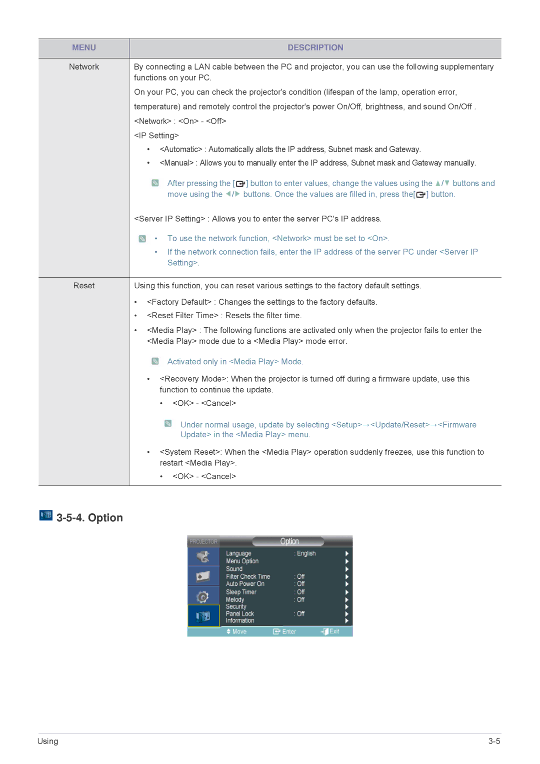 Samsung SP2553WWX/EN, SP2553XWX/EN, SP2253WWX/EN, SP2053WWX/EN manual Option, Setting 