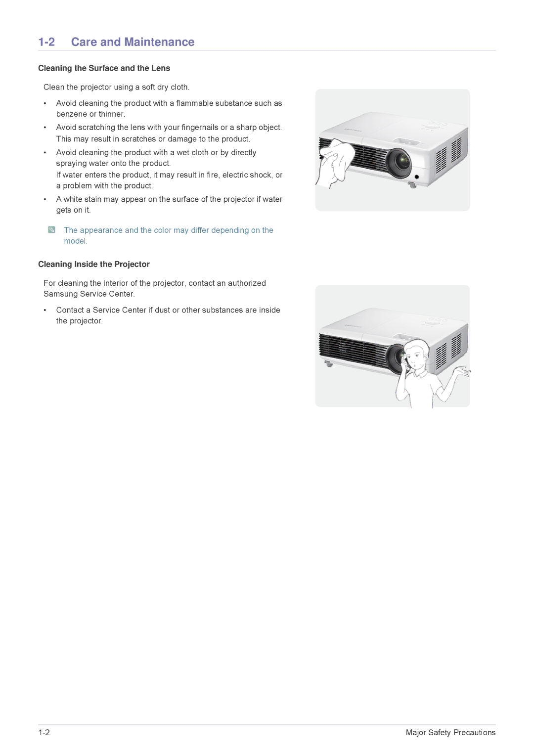 Samsung SP2553XWX/EN, SP2553WWX/EN Care and Maintenance, Cleaning the Surface and the Lens, Cleaning Inside the Projector 