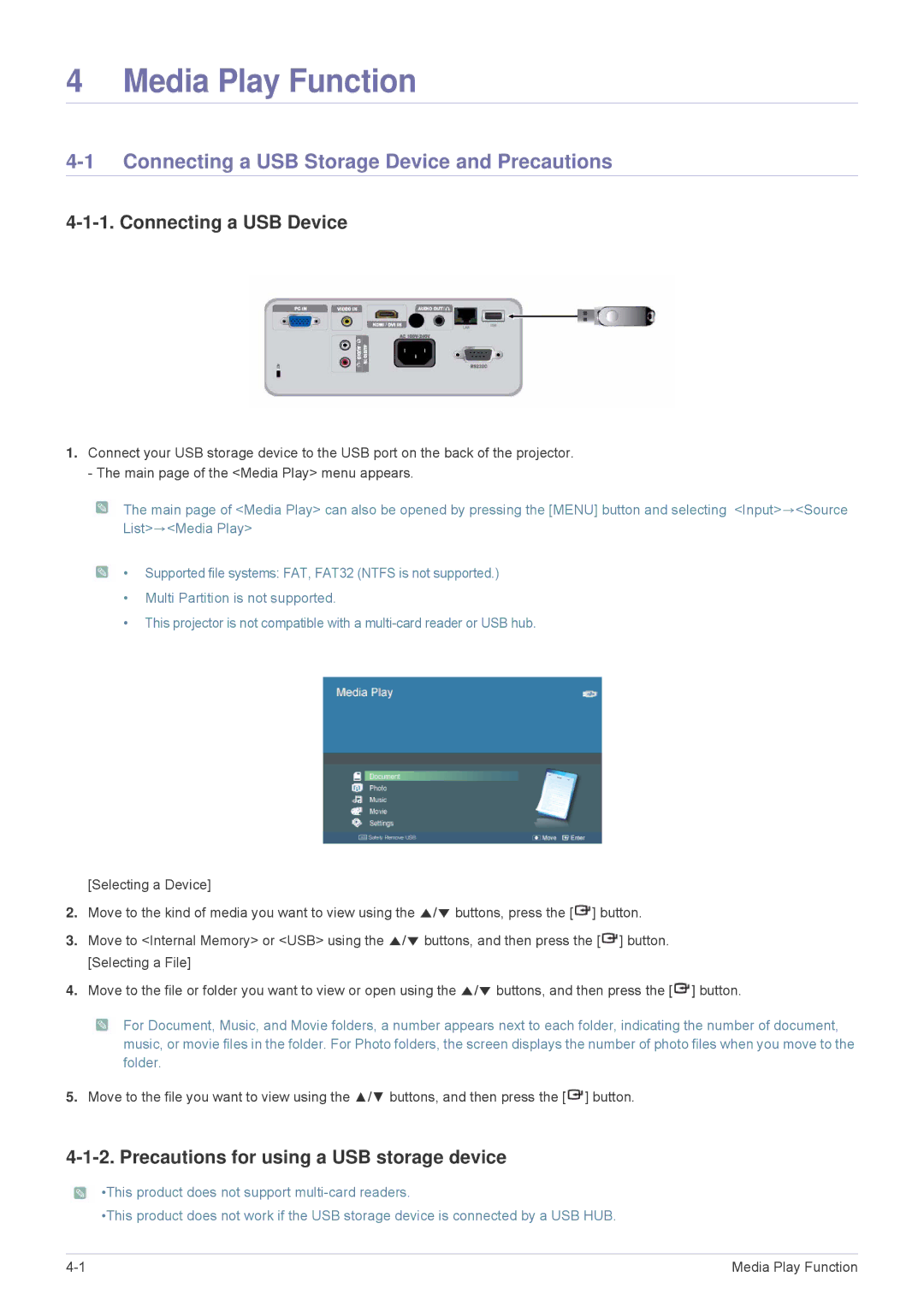 Samsung SP2553XWX/EN, SP2553WWX/EN, SP2253WWX/EN Connecting a USB Storage Device and Precautions, Connecting a USB Device 