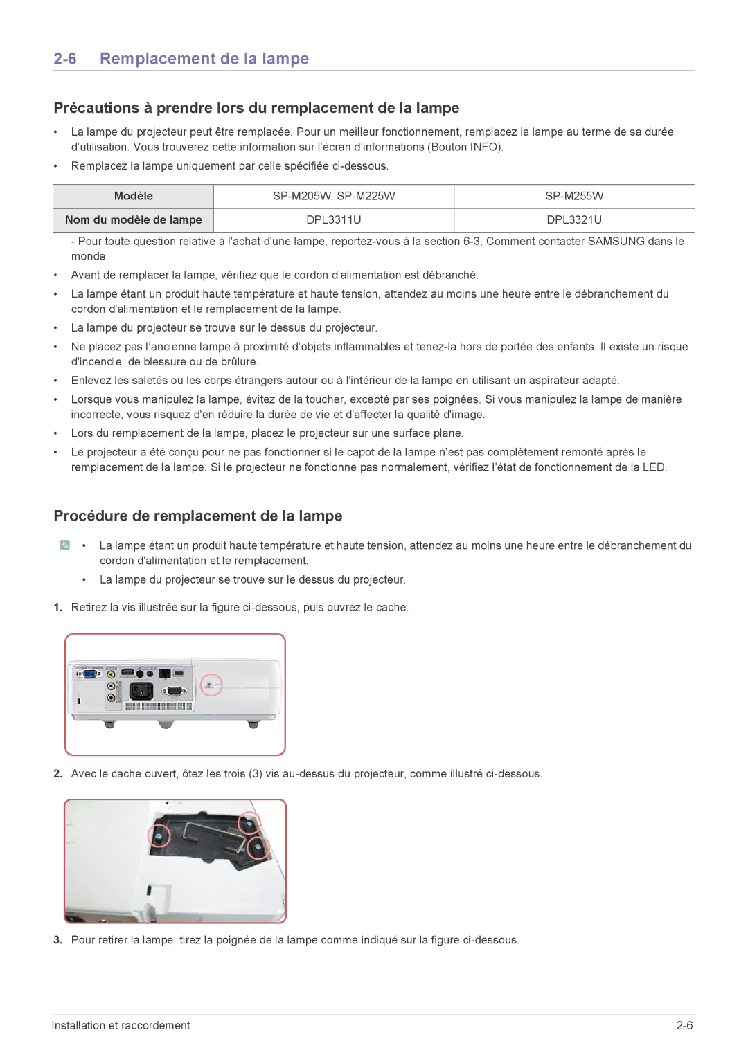 Samsung SP2553WWX/EN manual Remplacement de la lampe, Précautions à prendre lors du remplacement de la lampe, Modèle 