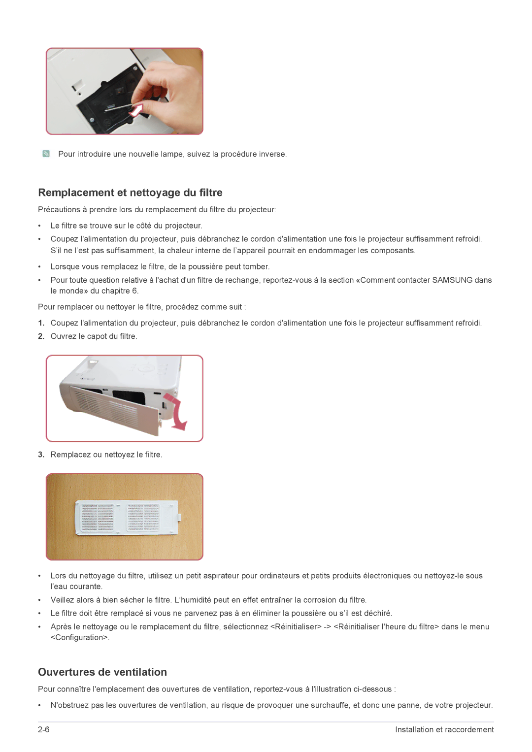 Samsung SP2553XWX/EN, SP2553WWX/EN, SP2253WWX/EN manual Remplacement et nettoyage du filtre, Ouvertures de ventilation 