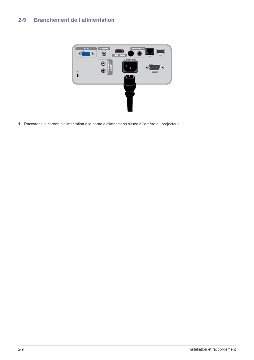 Samsung SP2553XWX/EN, SP2553WWX/EN, SP2253WWX/EN manual Branchement de l’alimentation 