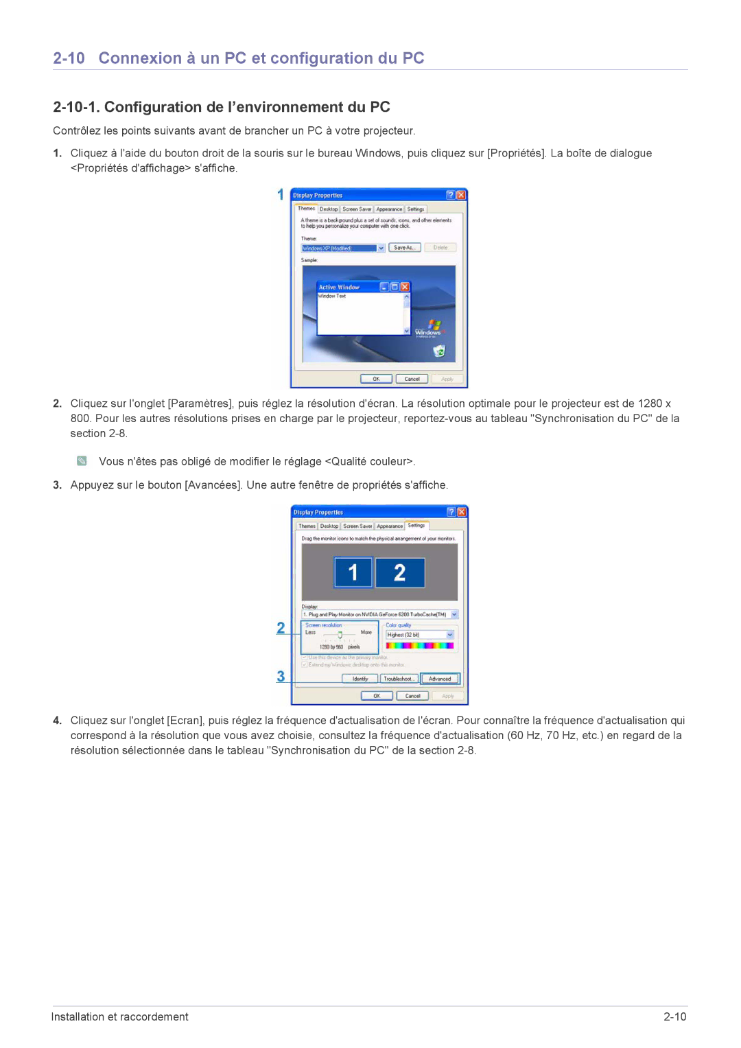 Samsung SP2253WWX/EN, SP2553WWX/EN manual Connexion à un PC et configuration du PC, Configuration de l’environnement du PC 