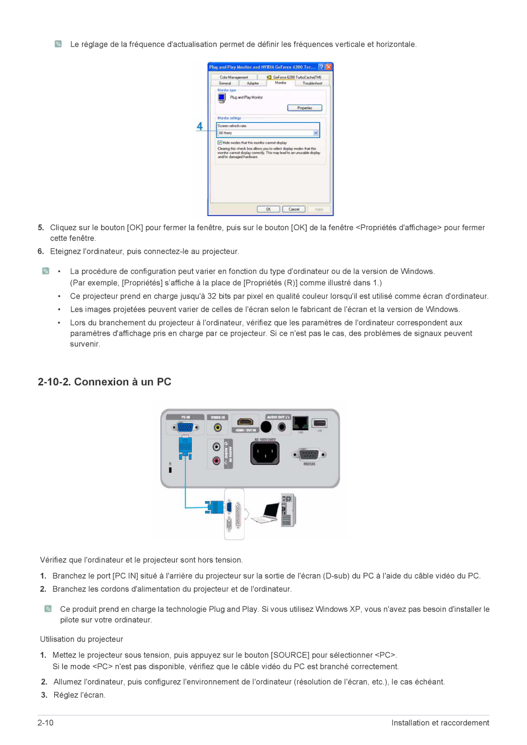 Samsung SP2553WWX/EN, SP2553XWX/EN, SP2253WWX/EN manual Connexion à un PC 