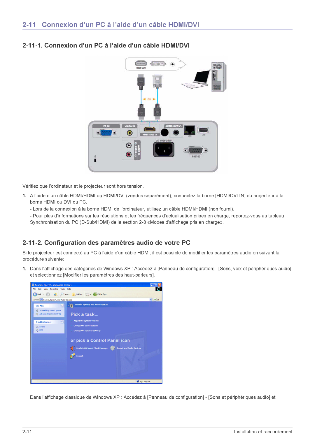 Samsung SP2553XWX/EN manual Connexion d’un PC à l’aide d’un câble HDMI/DVI, Configuration des paramètres audio de votre PC 