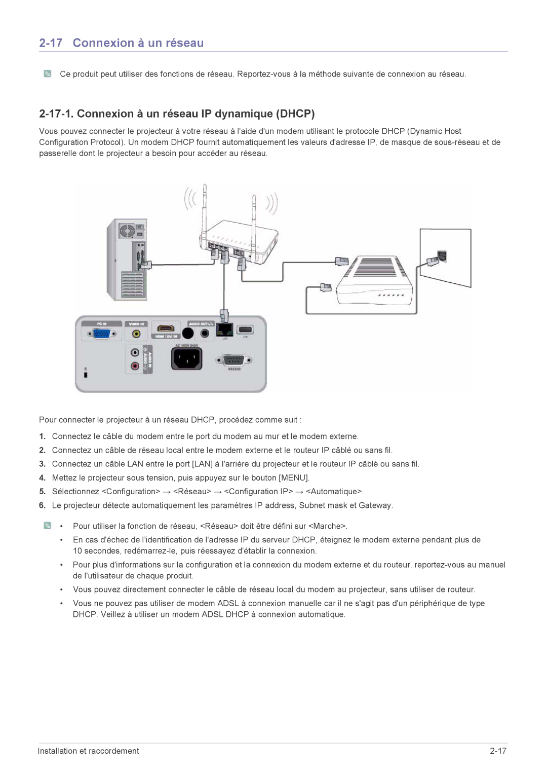 Samsung SP2253WWX/EN, SP2553WWX/EN, SP2553XWX/EN manual Connexion à un réseau IP dynamique Dhcp 