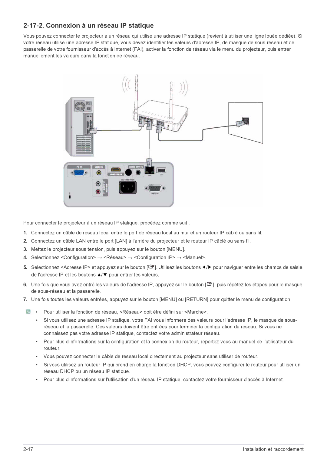 Samsung SP2553WWX/EN, SP2553XWX/EN, SP2253WWX/EN manual Connexion à un réseau IP statique 