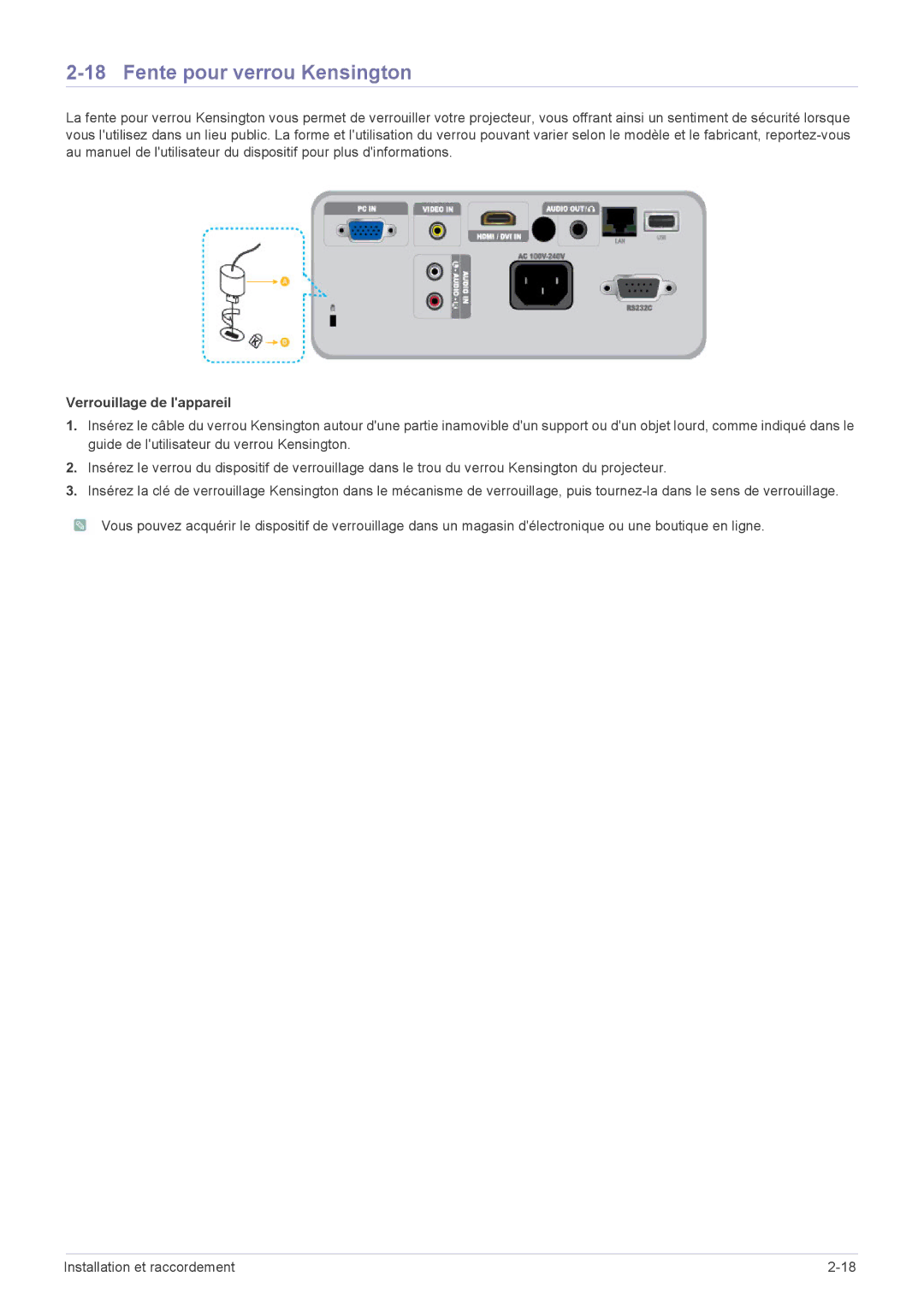 Samsung SP2553XWX/EN, SP2553WWX/EN, SP2253WWX/EN manual Fente pour verrou Kensington, Verrouillage de lappareil 