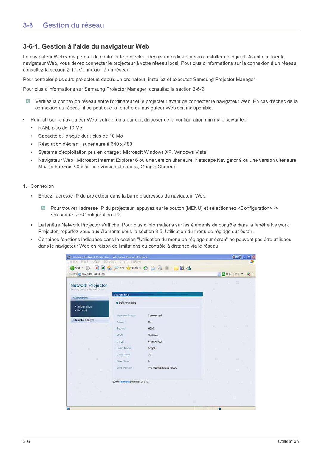 Samsung SP2553XWX/EN, SP2553WWX/EN, SP2253WWX/EN manual Gestion du réseau, Gestion à laide du navigateur Web 