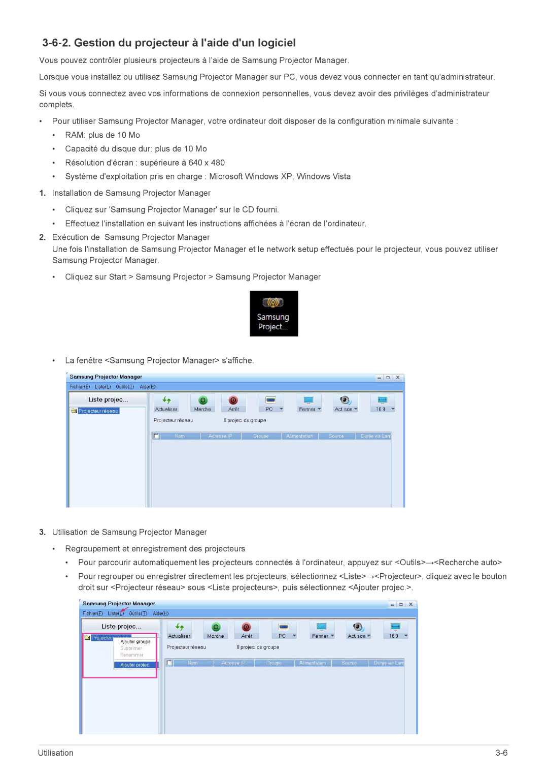 Samsung SP2253WWX/EN, SP2553WWX/EN, SP2553XWX/EN manual Gestion du projecteur à laide dun logiciel 