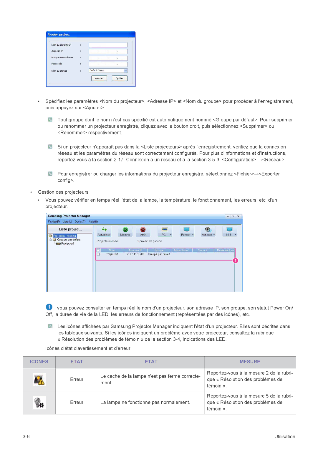 Samsung SP2553WWX/EN, SP2553XWX/EN, SP2253WWX/EN manual Icones Etat Mesure 