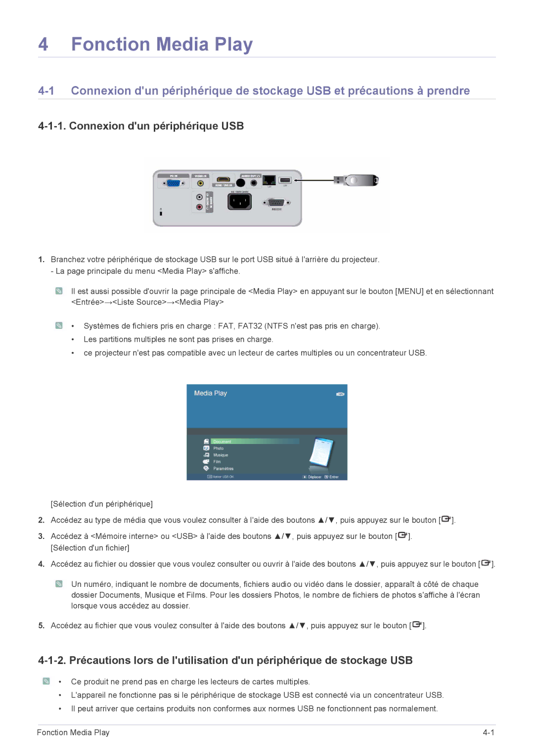 Samsung SP2253WWX/EN, SP2553WWX/EN, SP2553XWX/EN manual Fonction Media Play, Connexion dun périphérique USB 