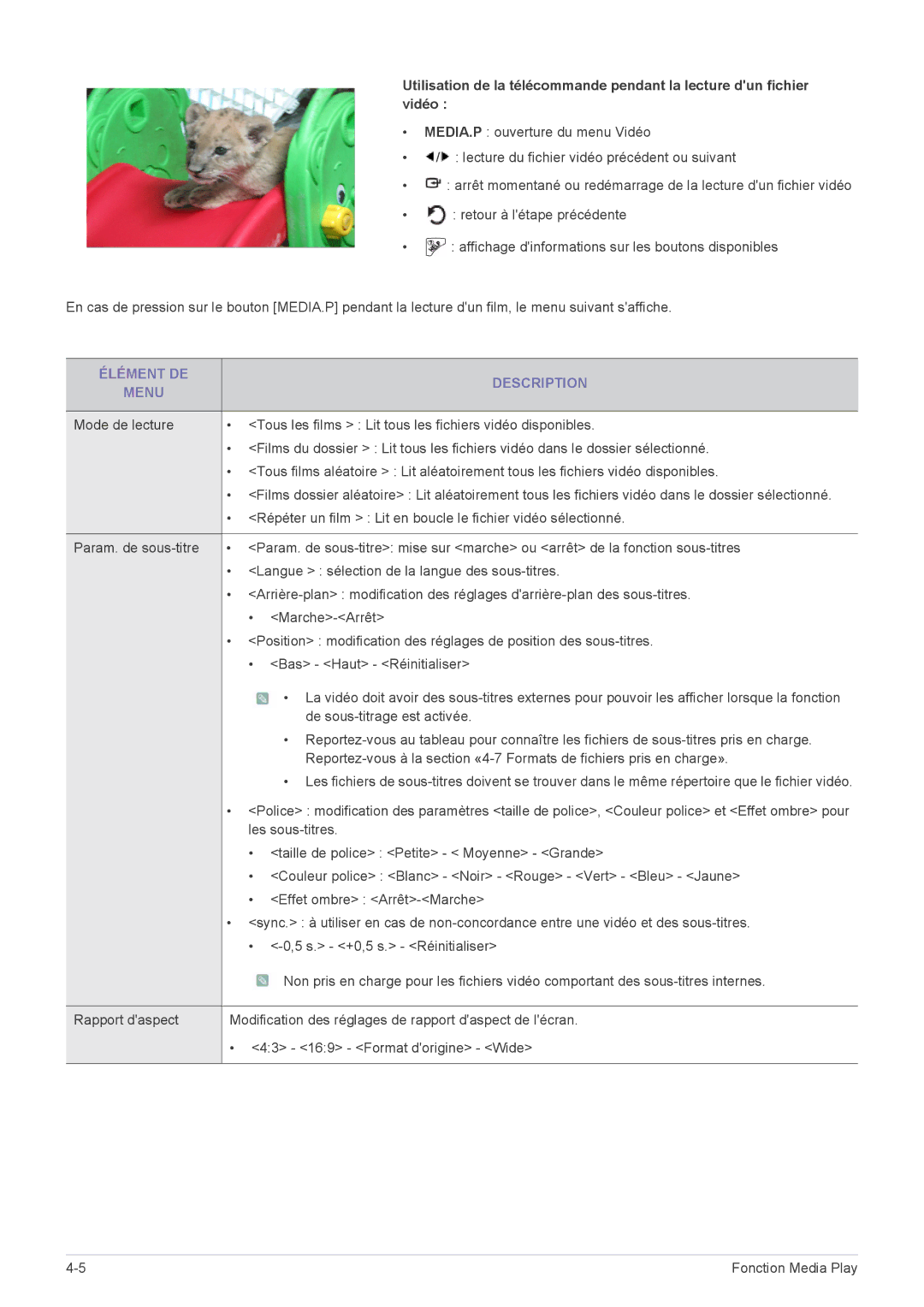 Samsung SP2553XWX/EN, SP2553WWX/EN, SP2253WWX/EN manual Élément DE Description Menu 