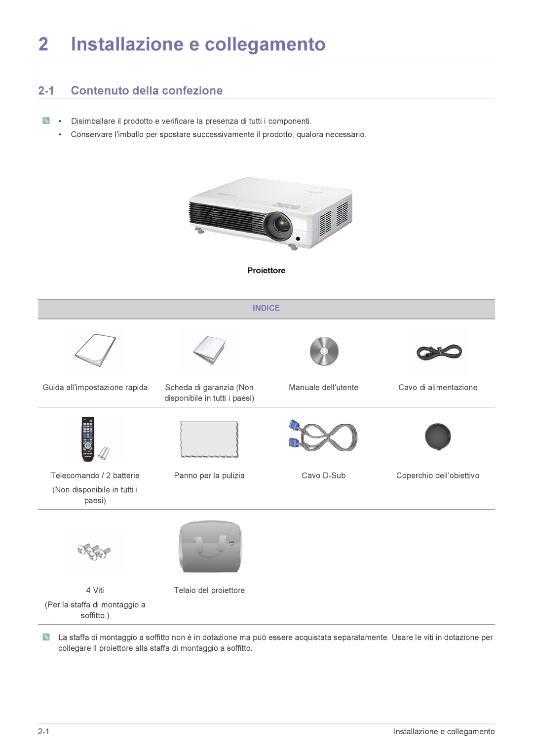 Samsung SP2553WWX/EN, SP2553XWX/EN, SP2253WWX/EN manual Contenuto della confezione, Indice 