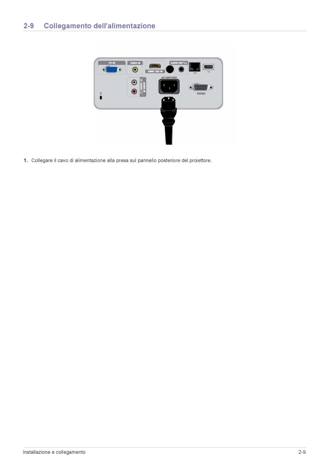 Samsung SP2553XWX/EN, SP2553WWX/EN, SP2253WWX/EN manual Collegamento dellalimentazione 