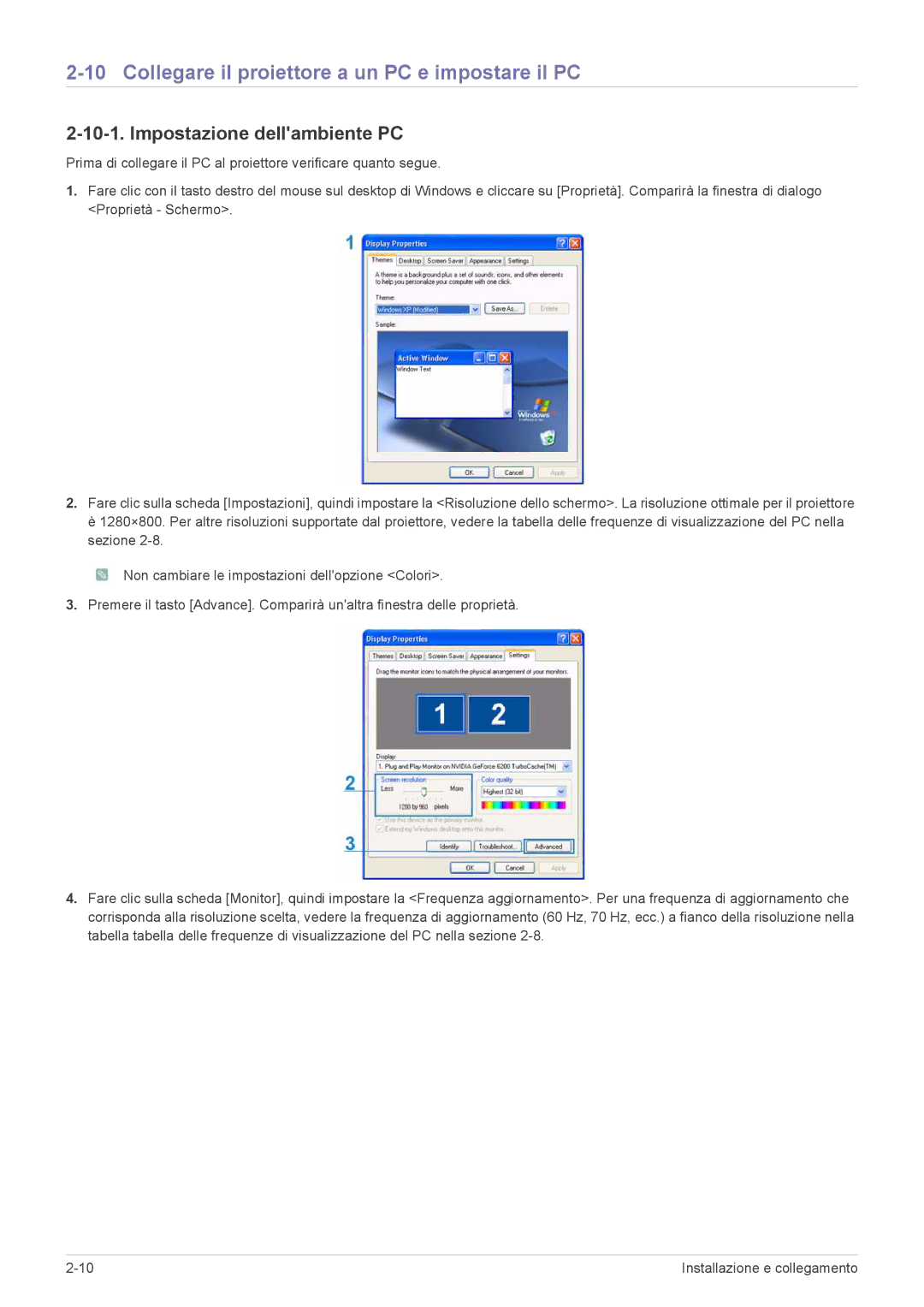 Samsung SP2253WWX/EN, SP2553WWX/EN manual Collegare il proiettore a un PC e impostare il PC, Impostazione dellambiente PC 