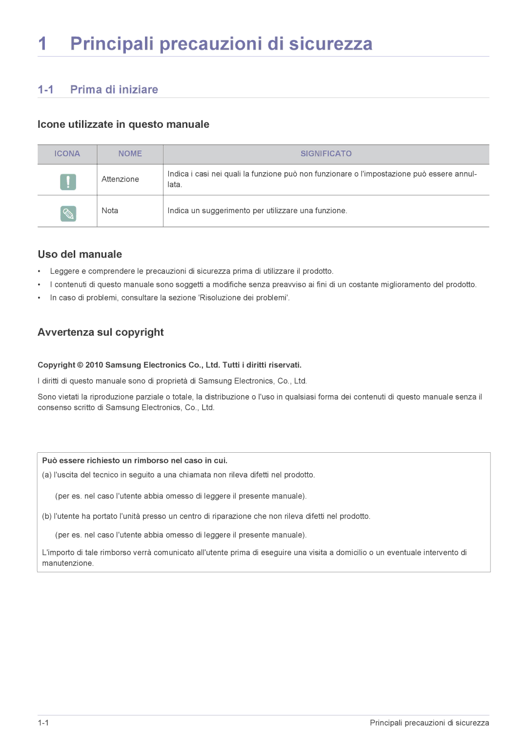 Samsung SP2553XWX/EN Prima di iniziare, Icone utilizzate in questo manuale, Uso del manuale, Avvertenza sul copyright 