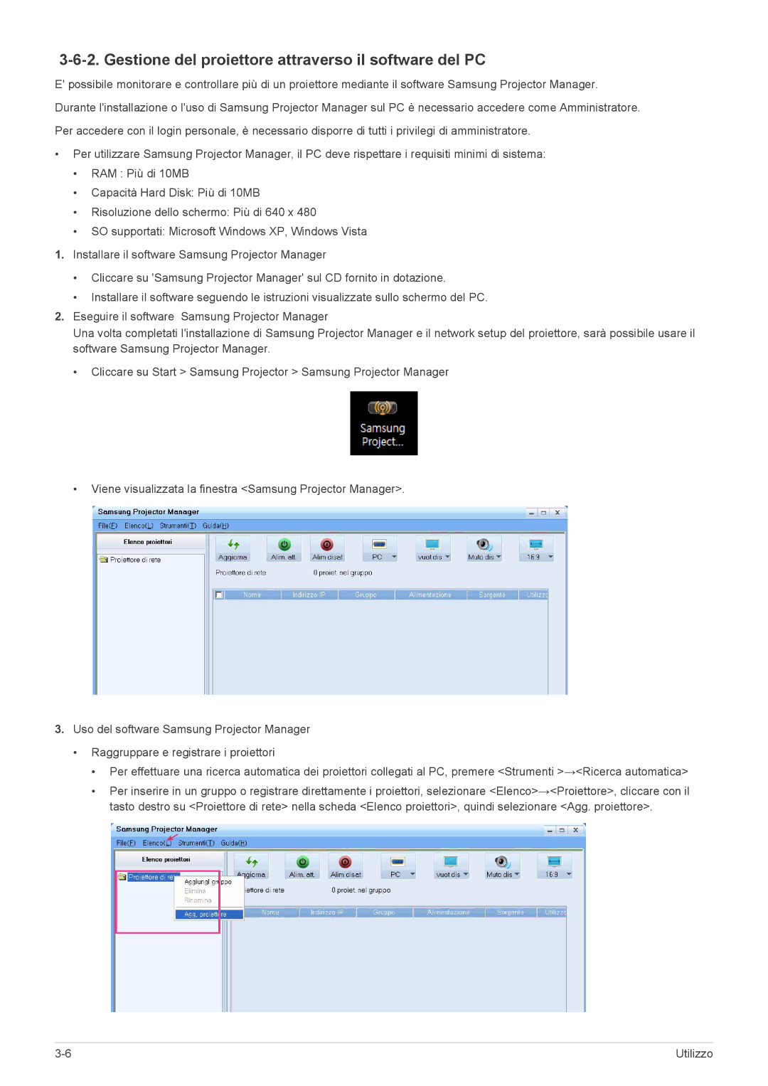 Samsung SP2253WWX/EN, SP2553WWX/EN, SP2553XWX/EN manual Gestione del proiettore attraverso il software del PC 