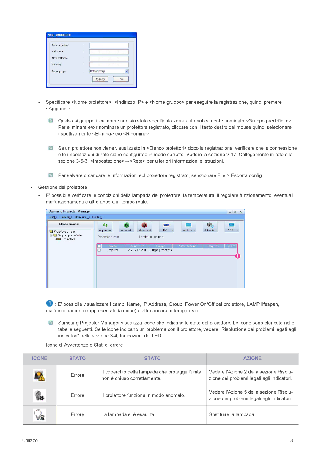 Samsung SP2553WWX/EN, SP2553XWX/EN, SP2253WWX/EN manual Icone Stato Azione 