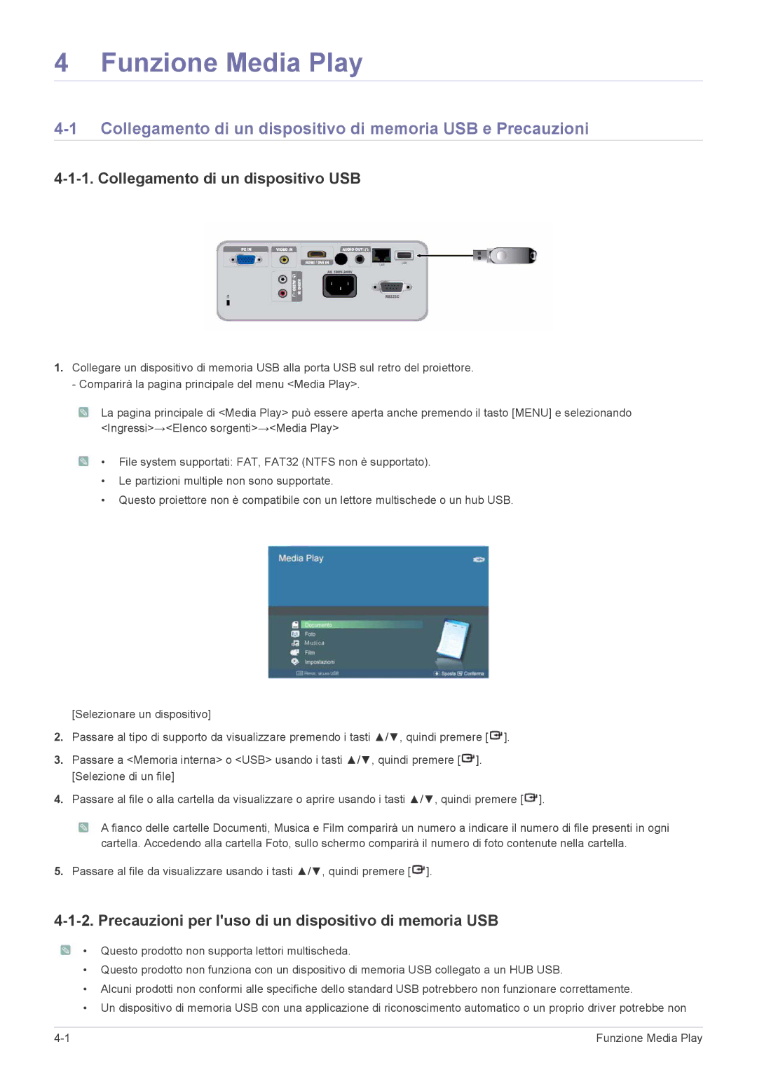 Samsung SP2253WWX/EN manual Collegamento di un dispositivo di memoria USB e Precauzioni, Collegamento di un dispositivo USB 