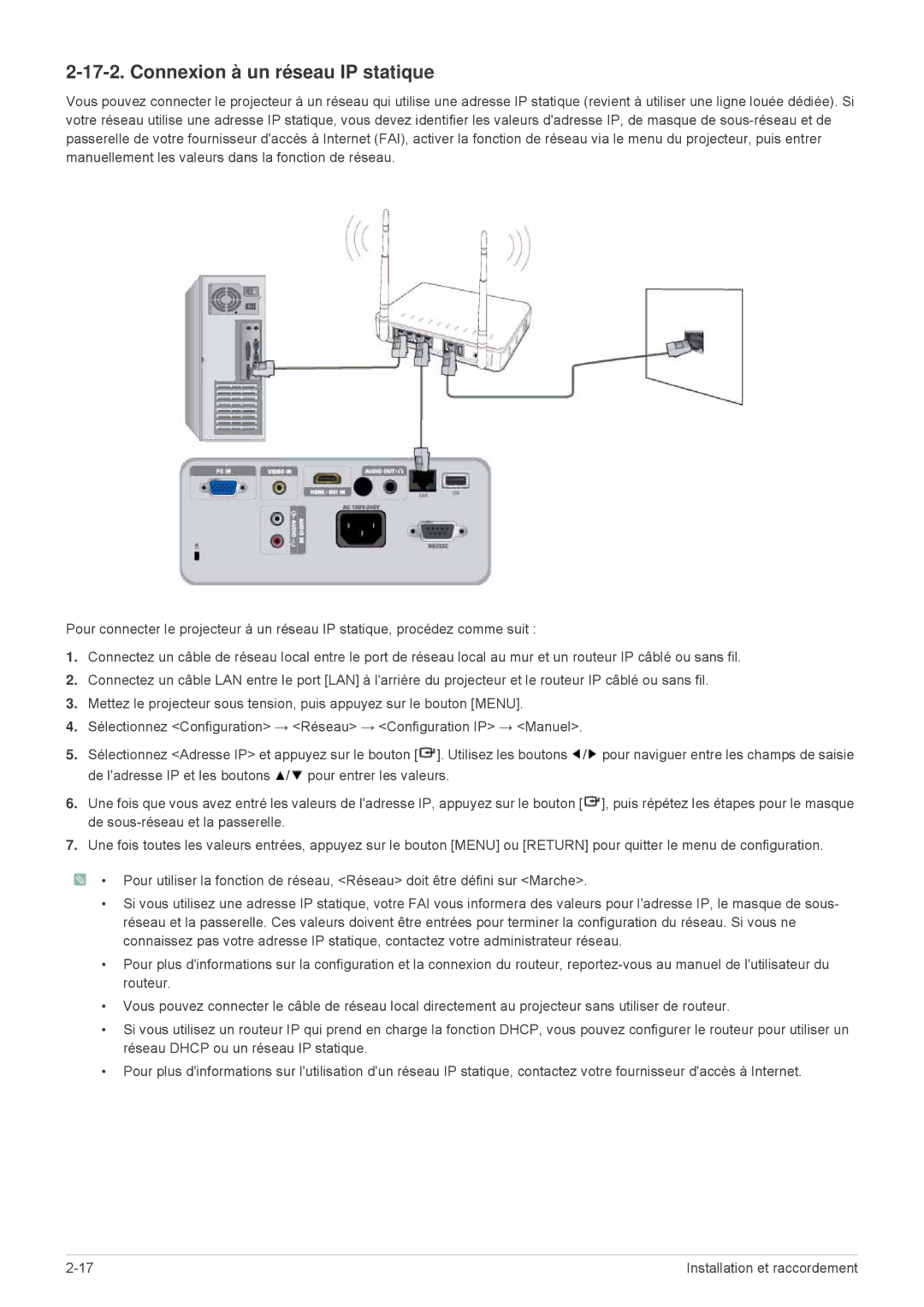 Samsung SP2553XWX/EN, SP2553WWX/EN, SP2253XWX/EN manual Connexion à un réseau IP statique 