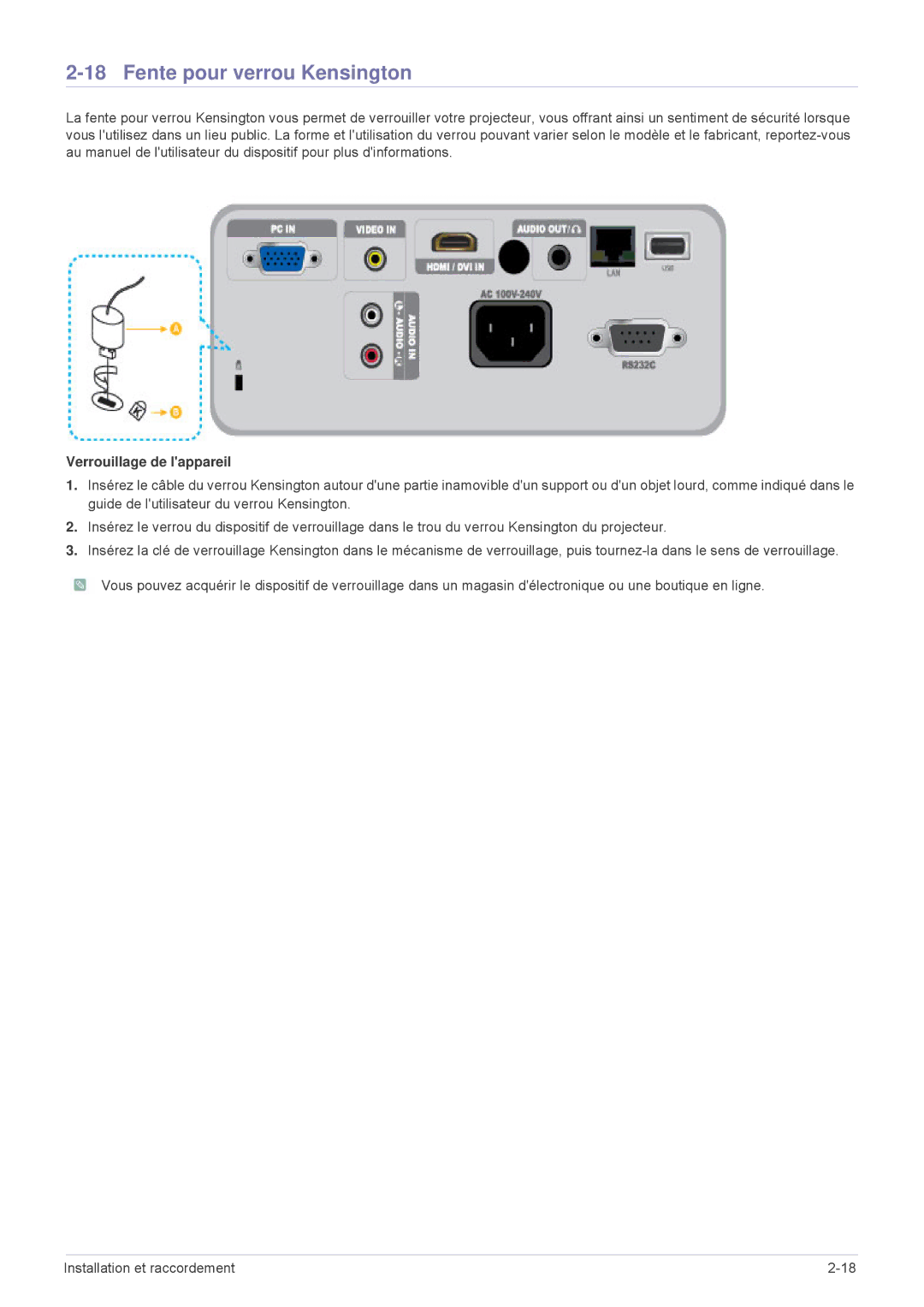 Samsung SP2253XWX/EN, SP2553WWX/EN, SP2553XWX/EN manual Fente pour verrou Kensington, Verrouillage de lappareil 