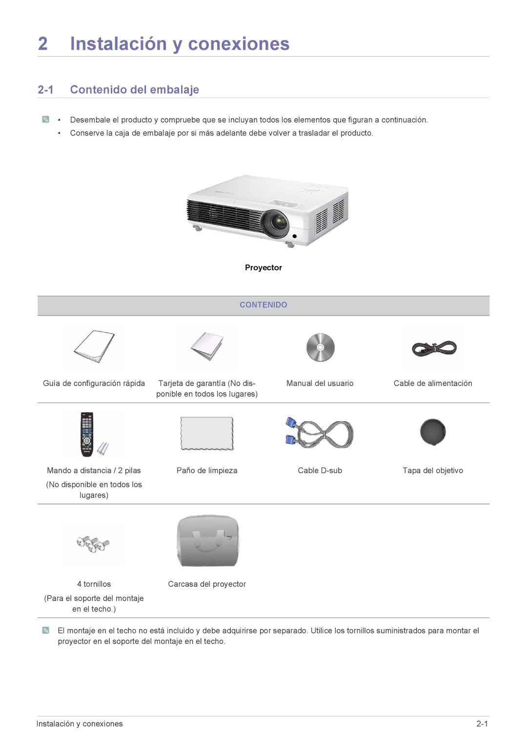 Samsung SP2253XWX/EN, SP2553WWX/EN, SP2553XWX/EN manual Contenido del embalaje 