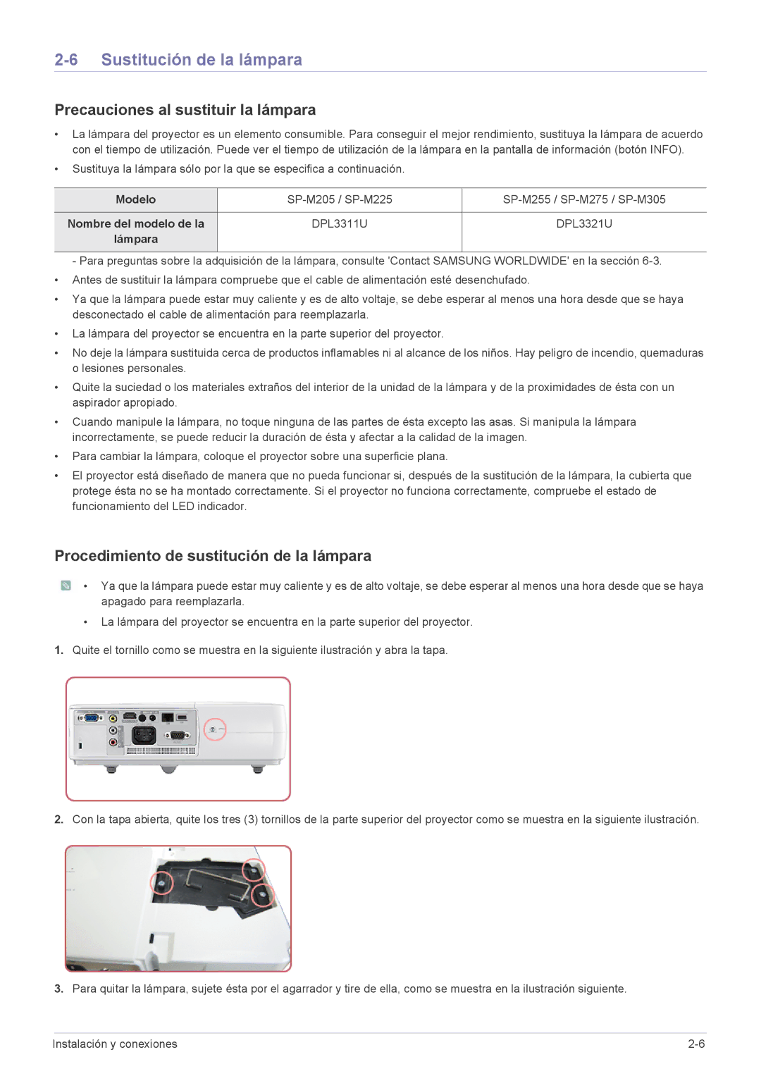 Samsung SP2253XWX/EN Sustitución de la lámpara, Precauciones al sustituir la lámpara, Modelo, Nombre del modelo de la 