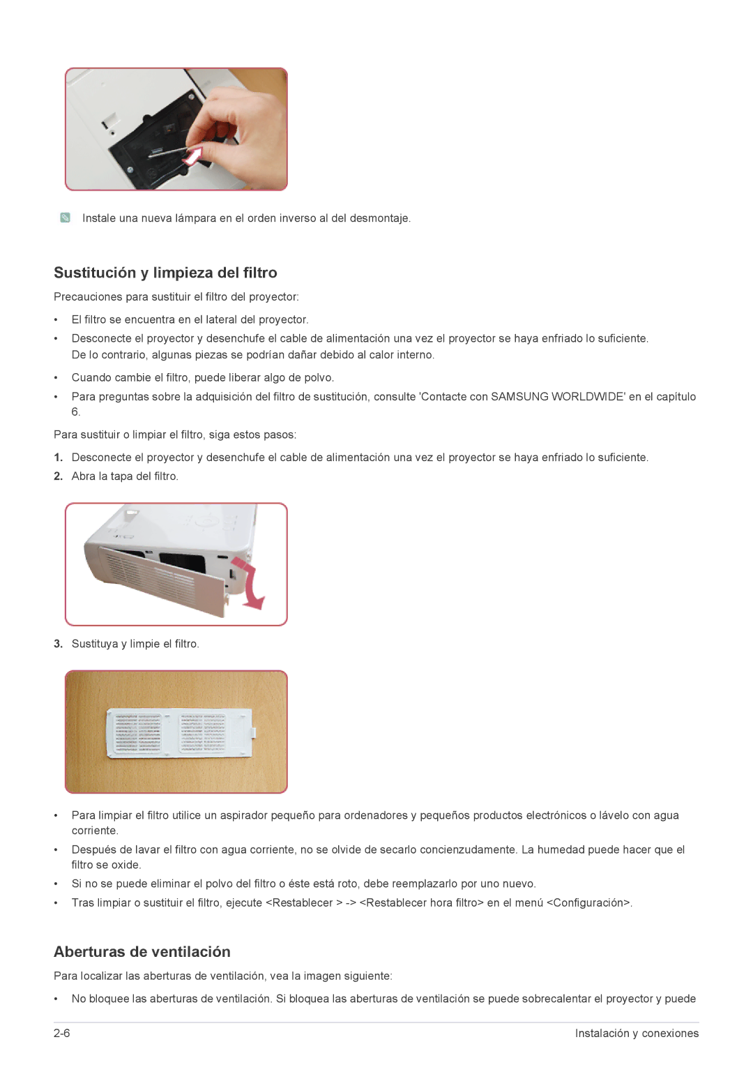 Samsung SP2553WWX/EN, SP2553XWX/EN, SP2253XWX/EN manual Sustitución y limpieza del filtro, Aberturas de ventilación 