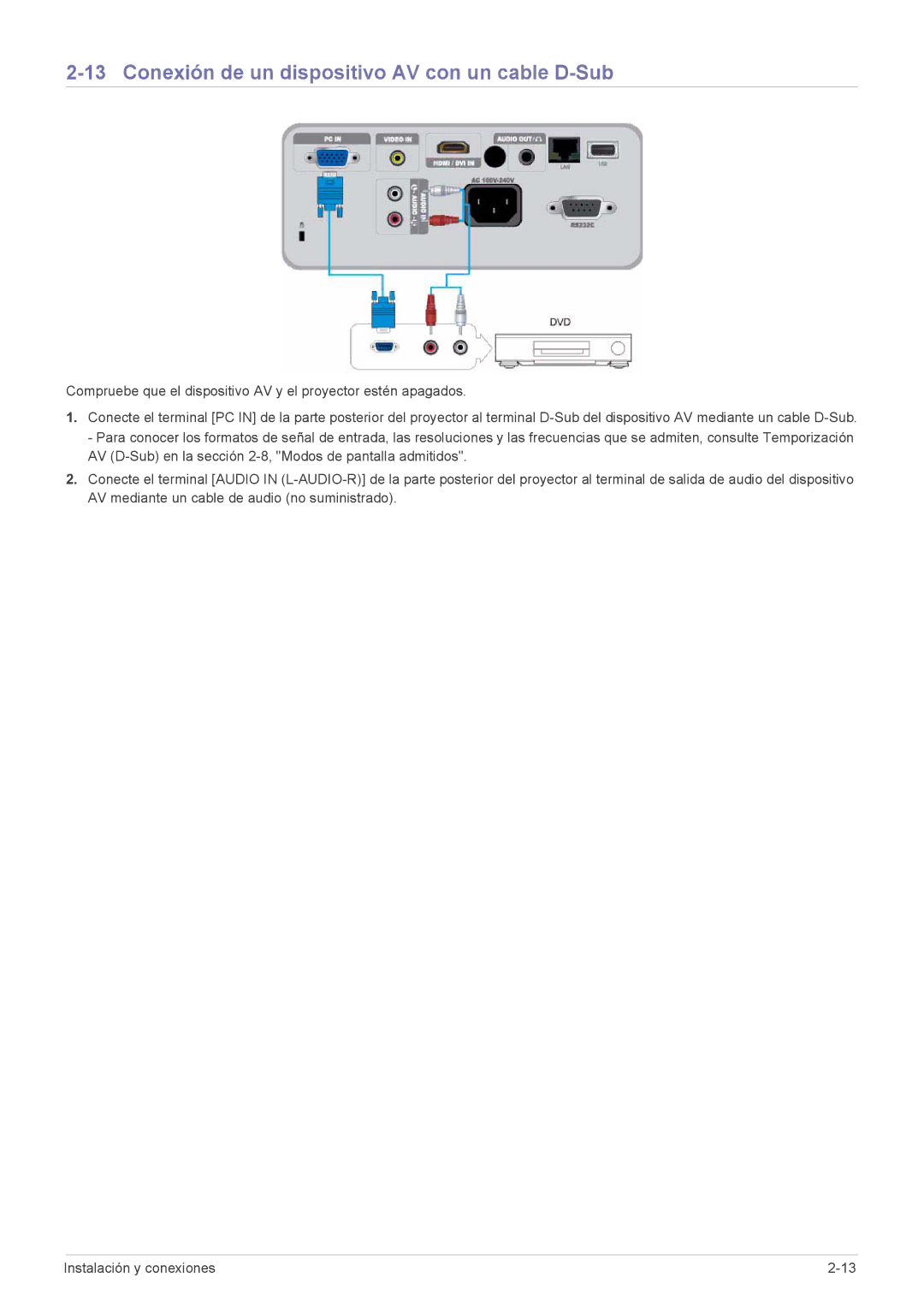 Samsung SP2553XWX/EN, SP2553WWX/EN, SP2253XWX/EN manual Conexión de un dispositivo AV con un cable D-Sub 