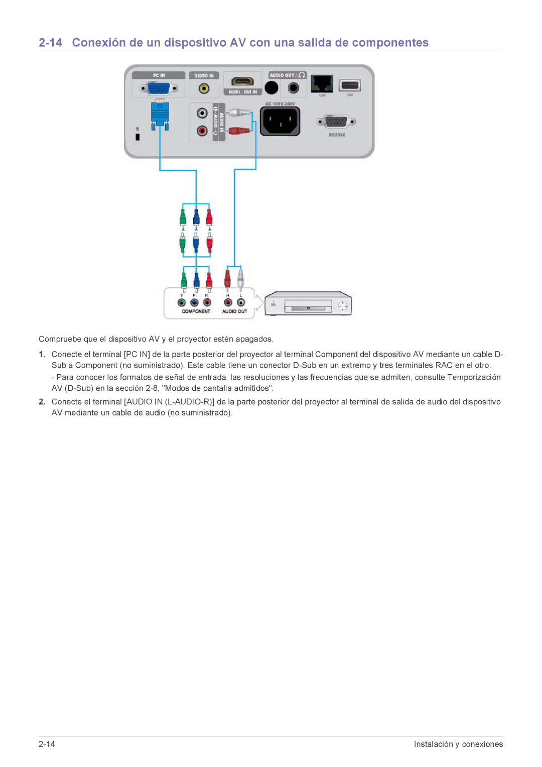 Samsung SP2253XWX/EN, SP2553WWX/EN, SP2553XWX/EN manual Conexión de un dispositivo AV con una salida de componentes 