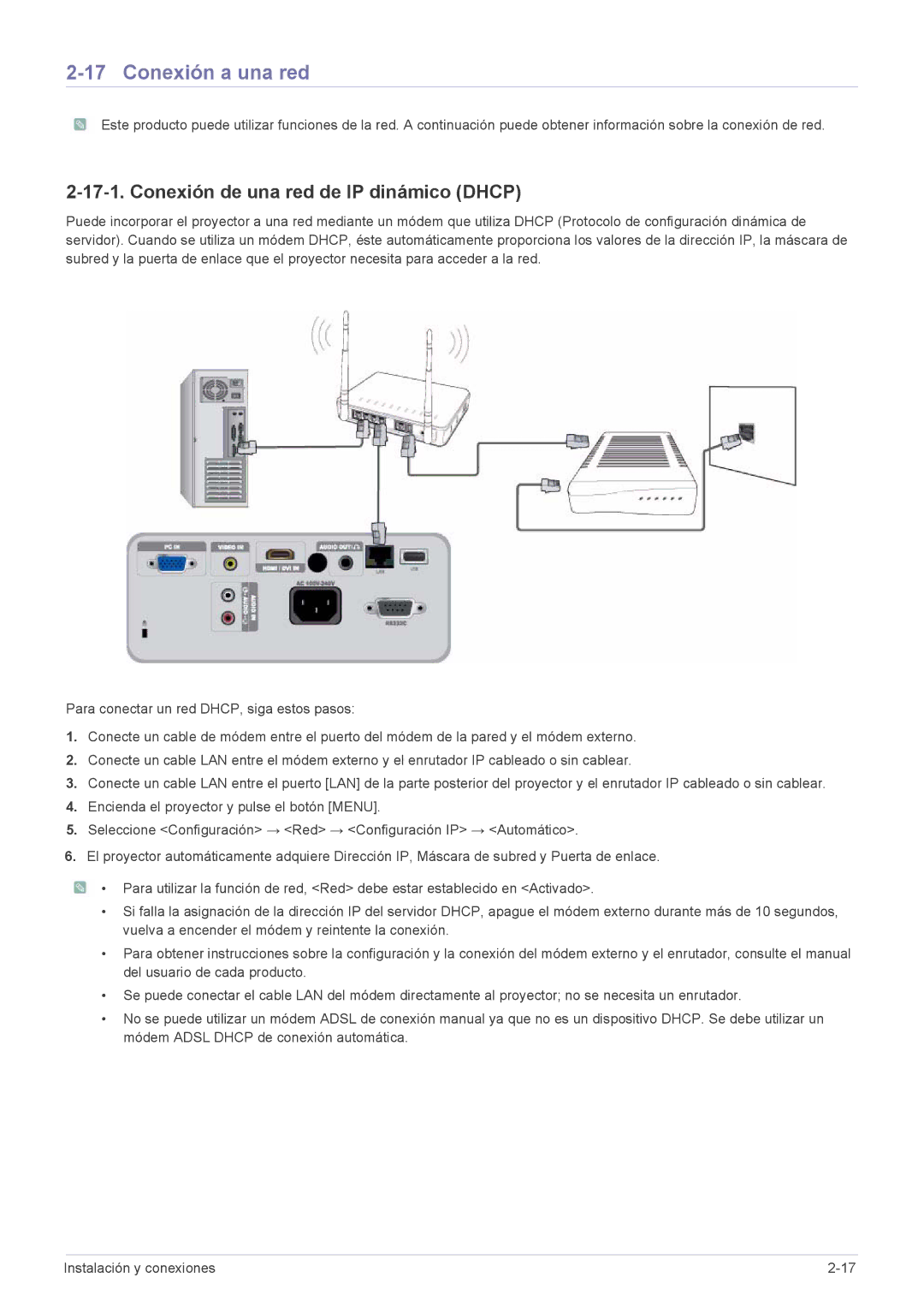 Samsung SP2253XWX/EN, SP2553WWX/EN, SP2553XWX/EN manual Conexión a una red, Conexión de una red de IP dinámico Dhcp 