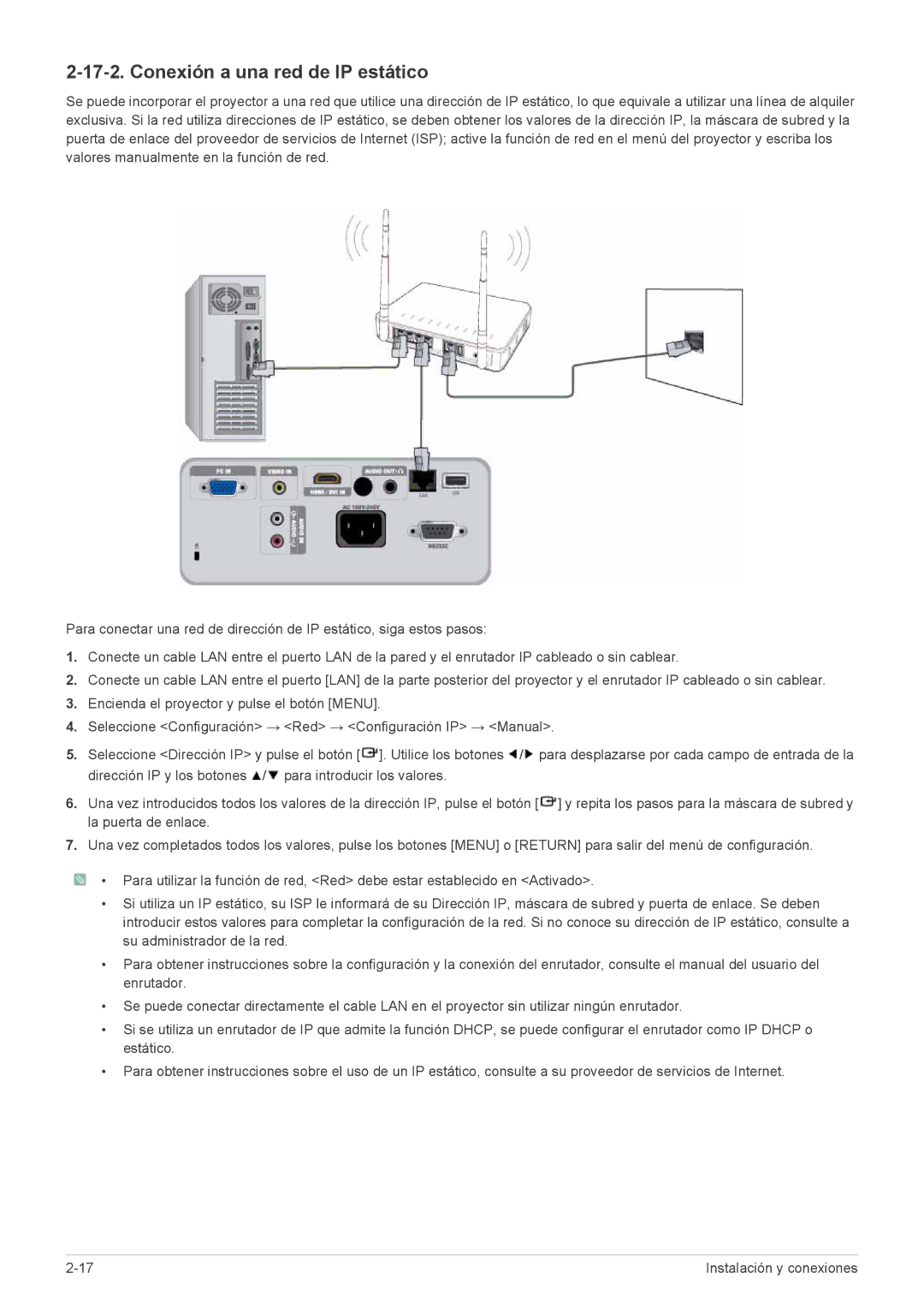 Samsung SP2553WWX/EN, SP2553XWX/EN, SP2253XWX/EN manual Conexión a una red de IP estático 