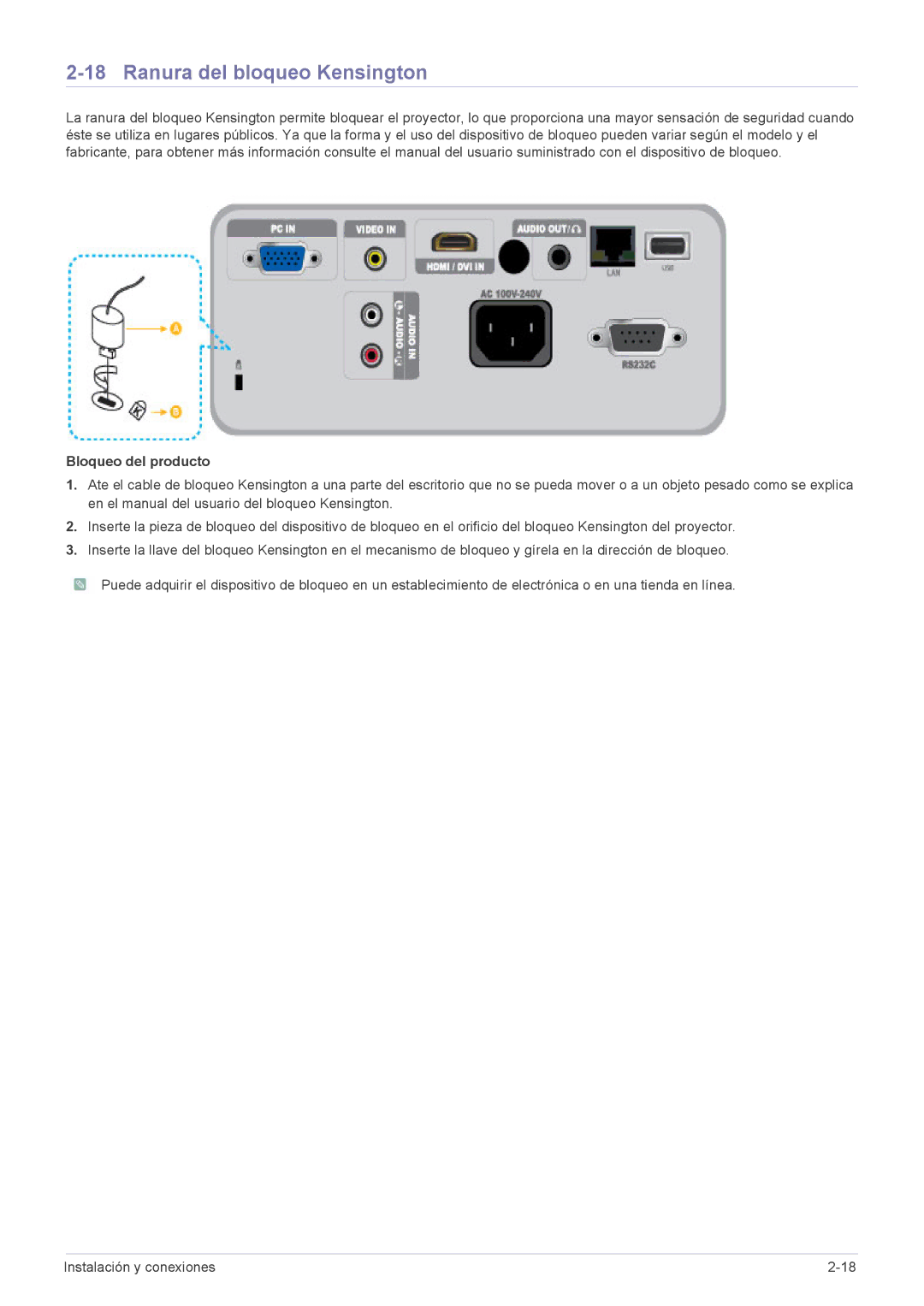 Samsung SP2553XWX/EN, SP2553WWX/EN, SP2253XWX/EN manual Ranura del bloqueo Kensington, Bloqueo del producto 