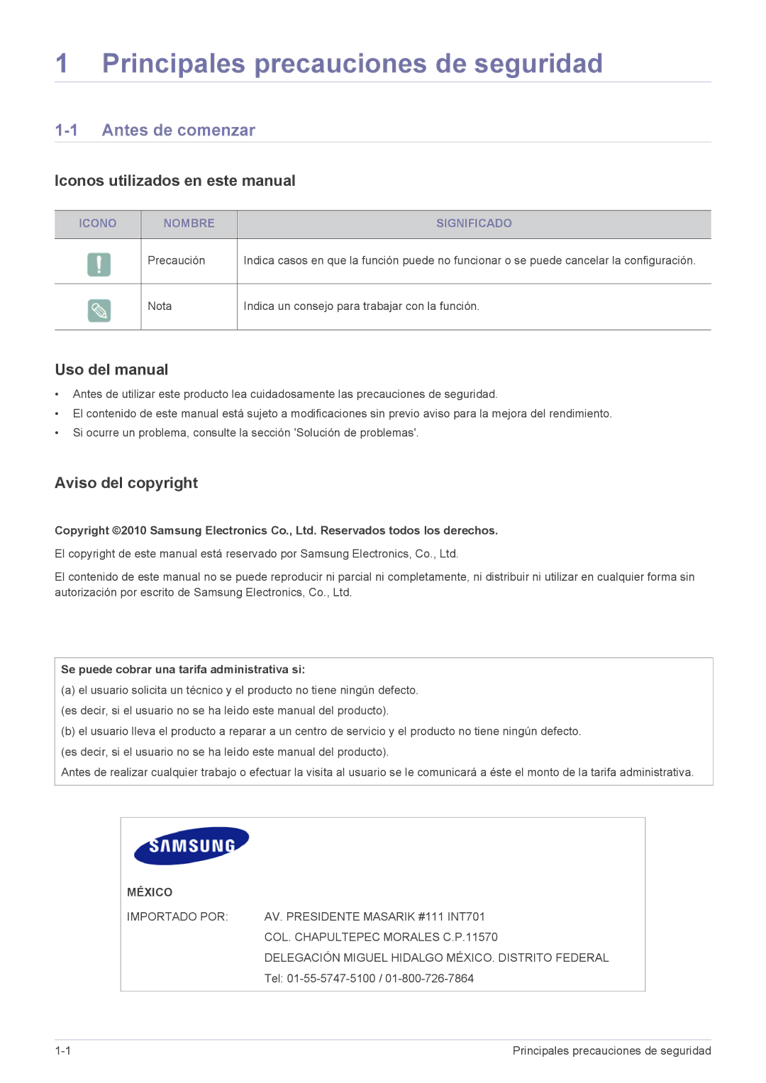 Samsung SP2553XWX/EN Antes de comenzar, Iconos utilizados en este manual, Uso del manual, Aviso del copyright 