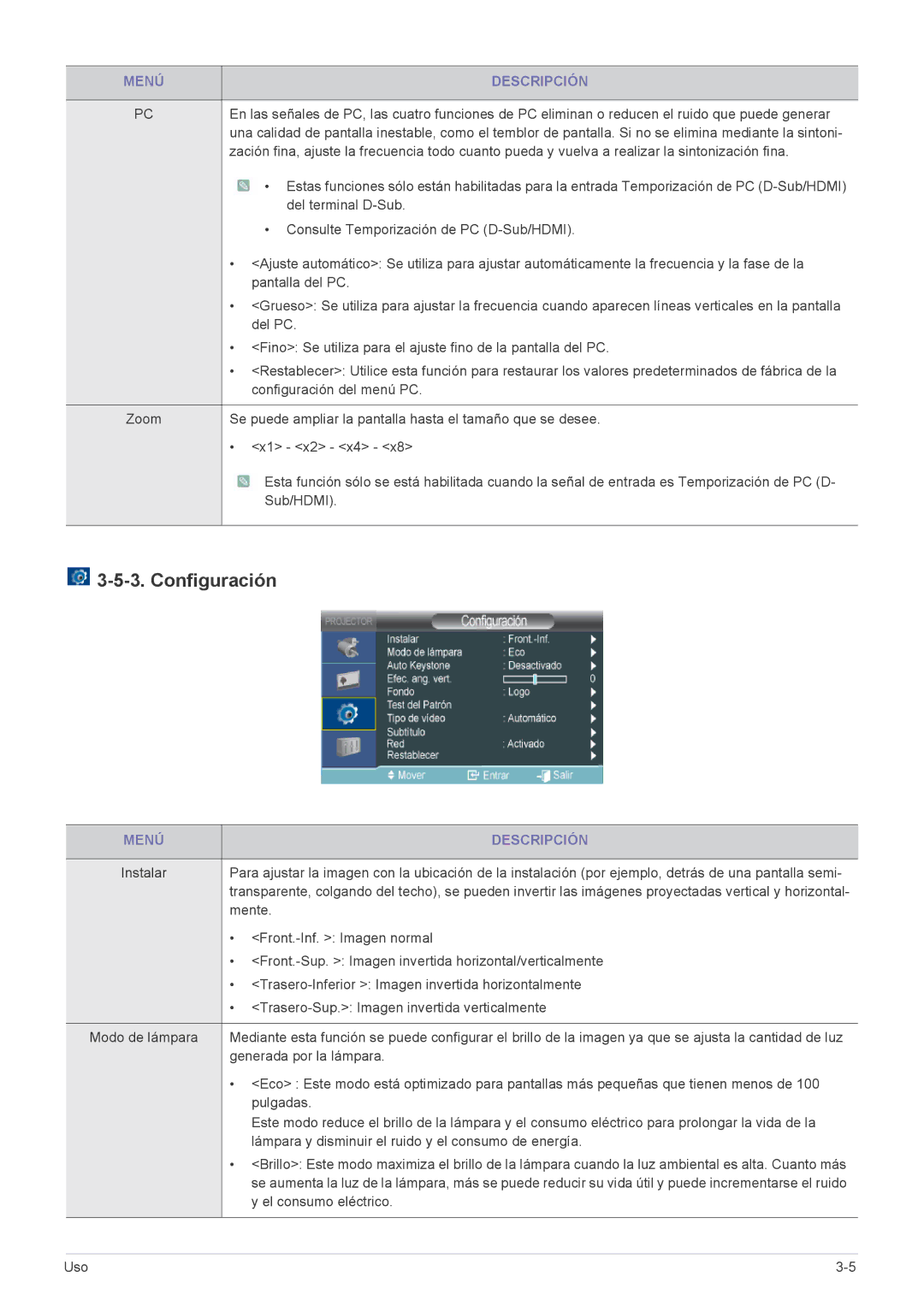 Samsung SP2253XWX/EN, SP2553WWX/EN, SP2553XWX/EN manual Configuración, Trasero-Sup. Imagen invertida verticalmente 