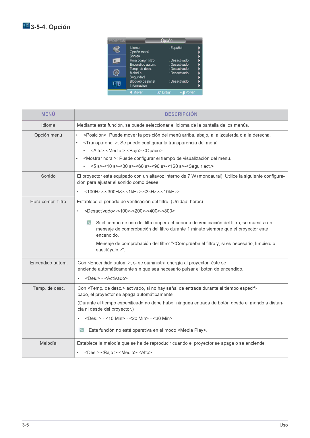 Samsung SP2253XWX/EN, SP2553WWX/EN, SP2553XWX/EN manual Opción, 10 s-30 s-60 s-90 s-120 s-Seguir act 