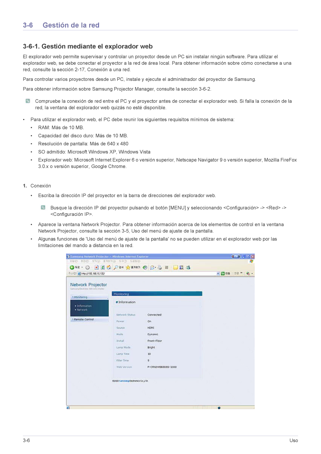 Samsung SP2553XWX/EN, SP2553WWX/EN, SP2253XWX/EN manual Gestión de la red, Gestión mediante el explorador web 