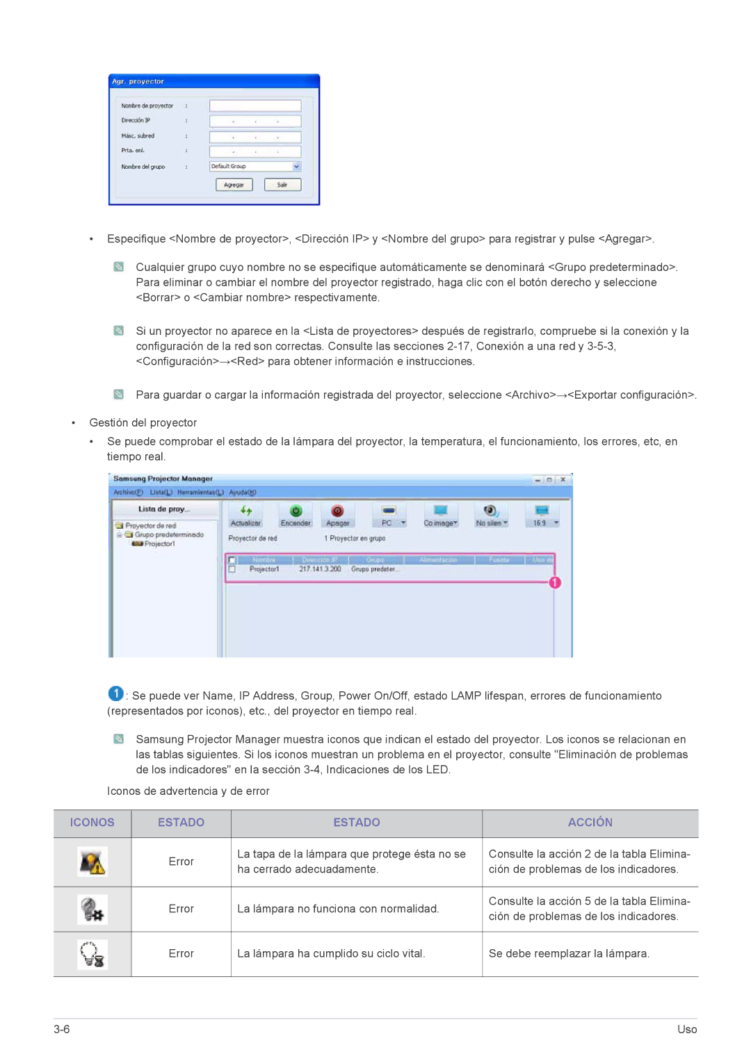 Samsung SP2553WWX/EN, SP2553XWX/EN, SP2253XWX/EN manual Iconos Estado Acción 