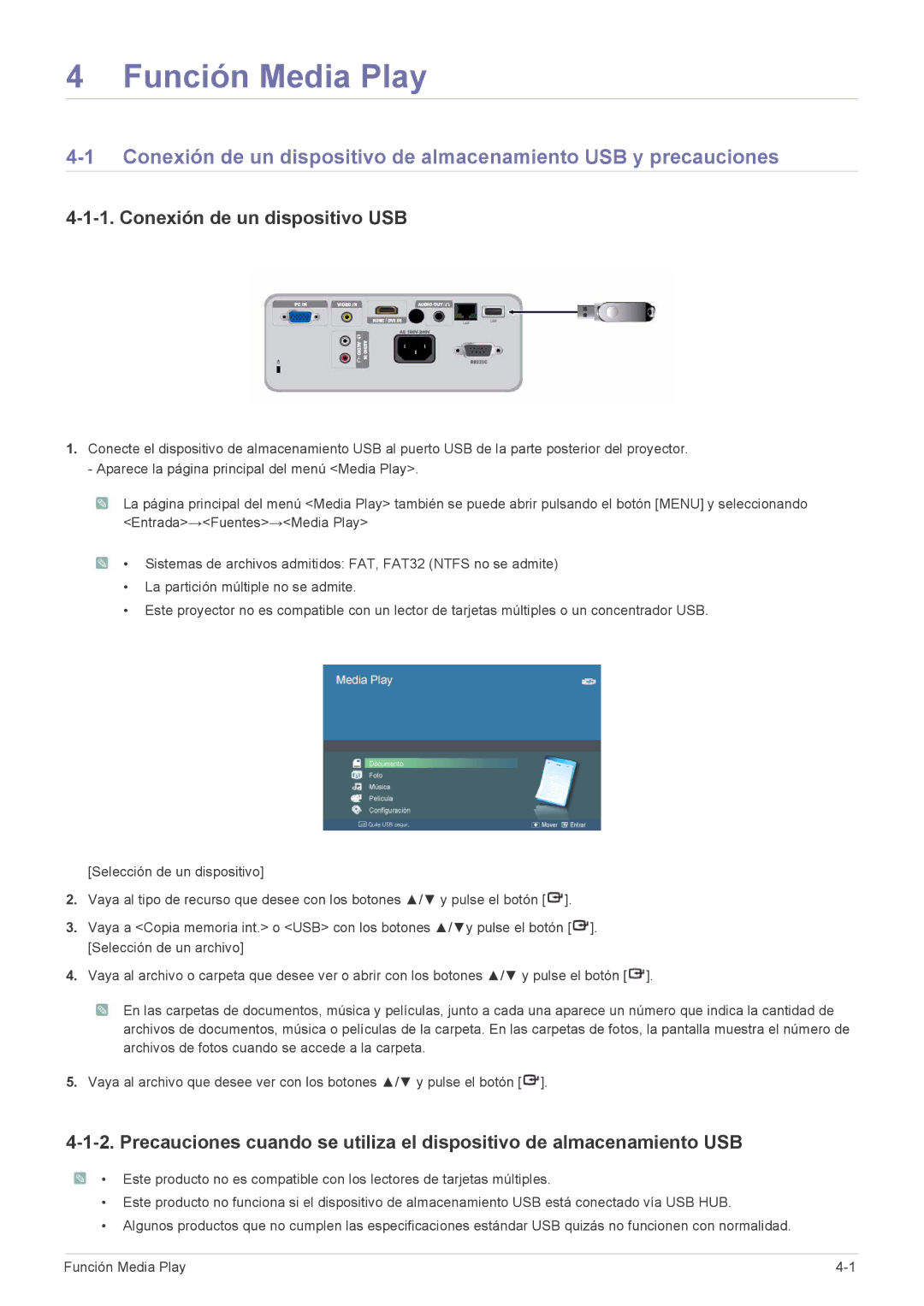 Samsung SP2253XWX/EN, SP2553WWX/EN, SP2553XWX/EN manual Función Media Play, Conexión de un dispositivo USB 