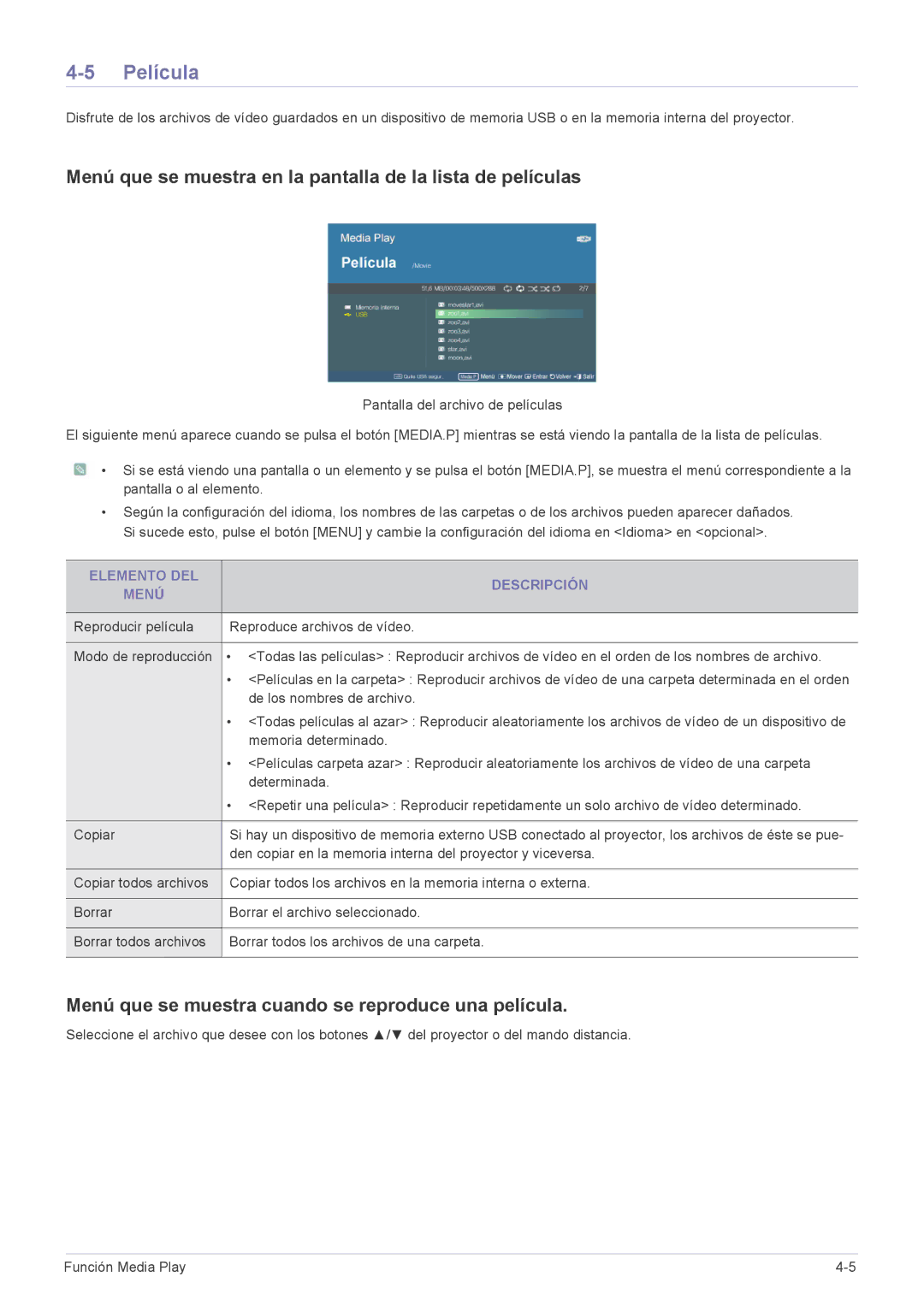 Samsung SP2553WWX/EN, SP2553XWX/EN, SP2253XWX/EN manual Película, Menú que se muestra en la pantalla de la lista de películas 