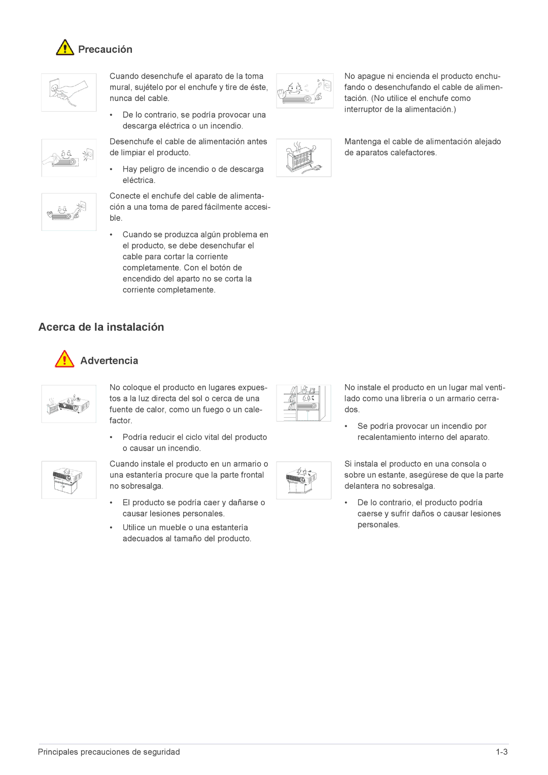 Samsung SP2553XWX/EN, SP2553WWX/EN, SP2253XWX/EN manual Acerca de la instalación, Precaución 