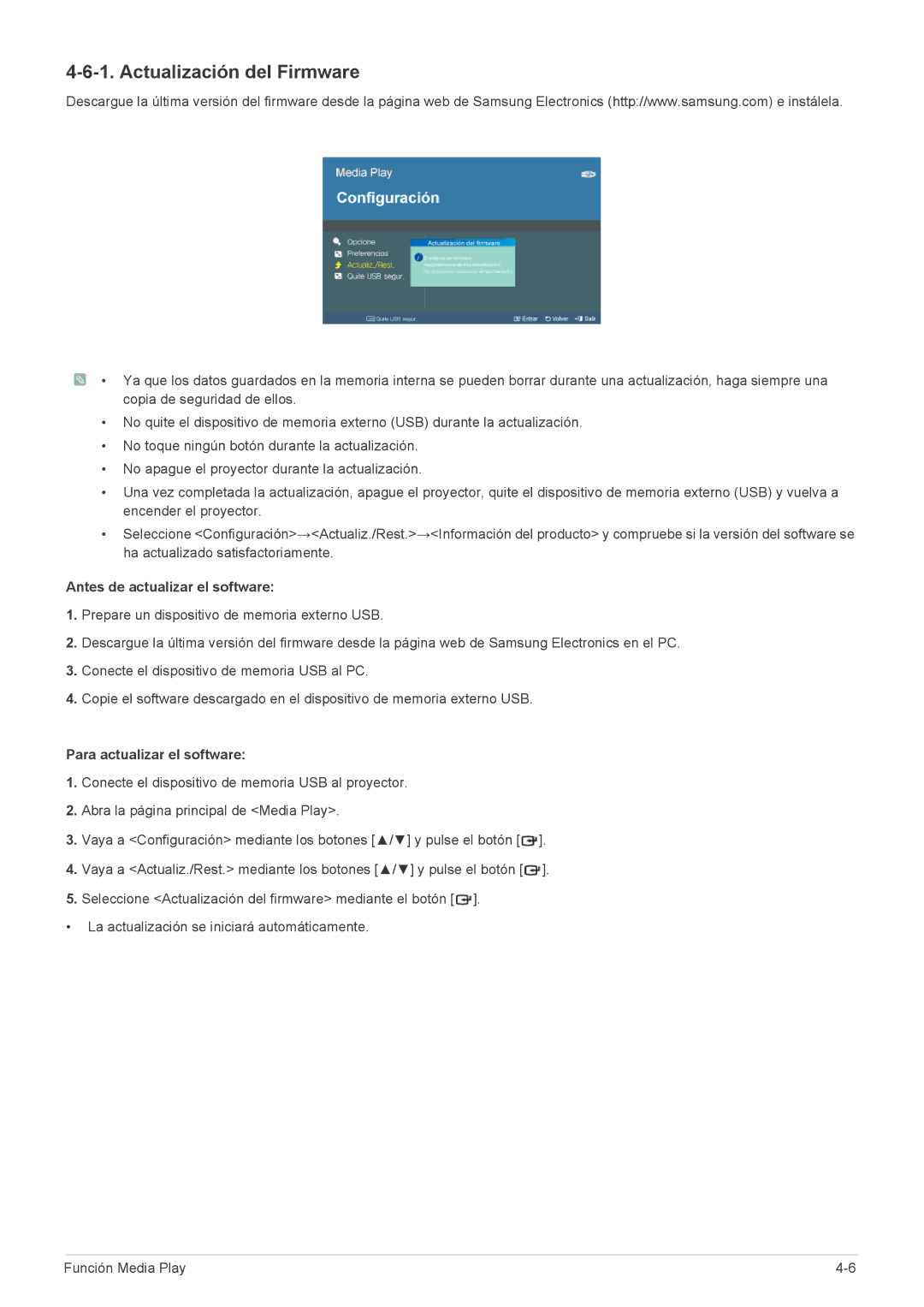 Samsung SP2553XWX/EN manual Actualización del Firmware, Antes de actualizar el software, Para actualizar el software 