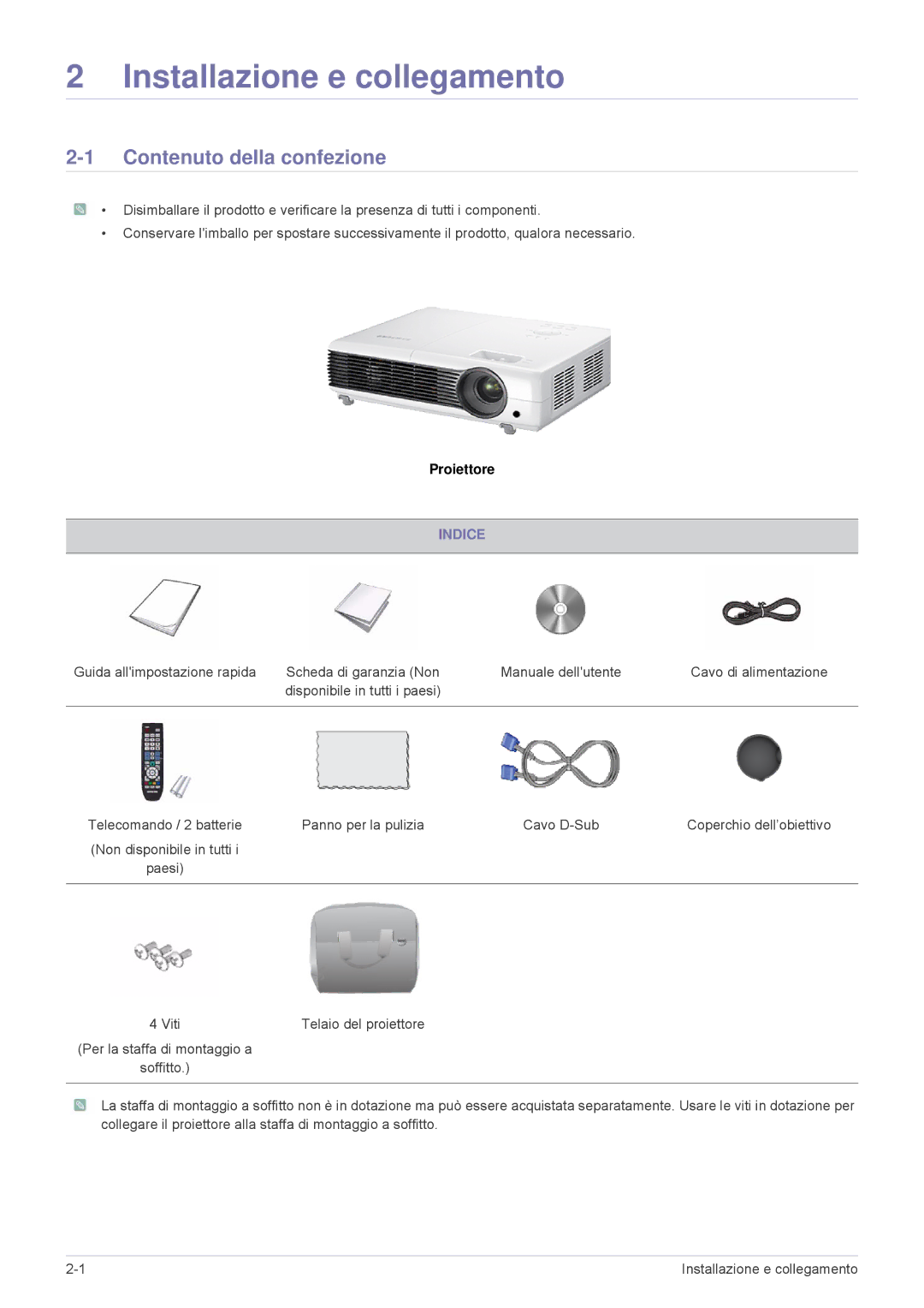 Samsung SP2553WWX/EN, SP2553XWX/EN manual Contenuto della confezione, Indice 